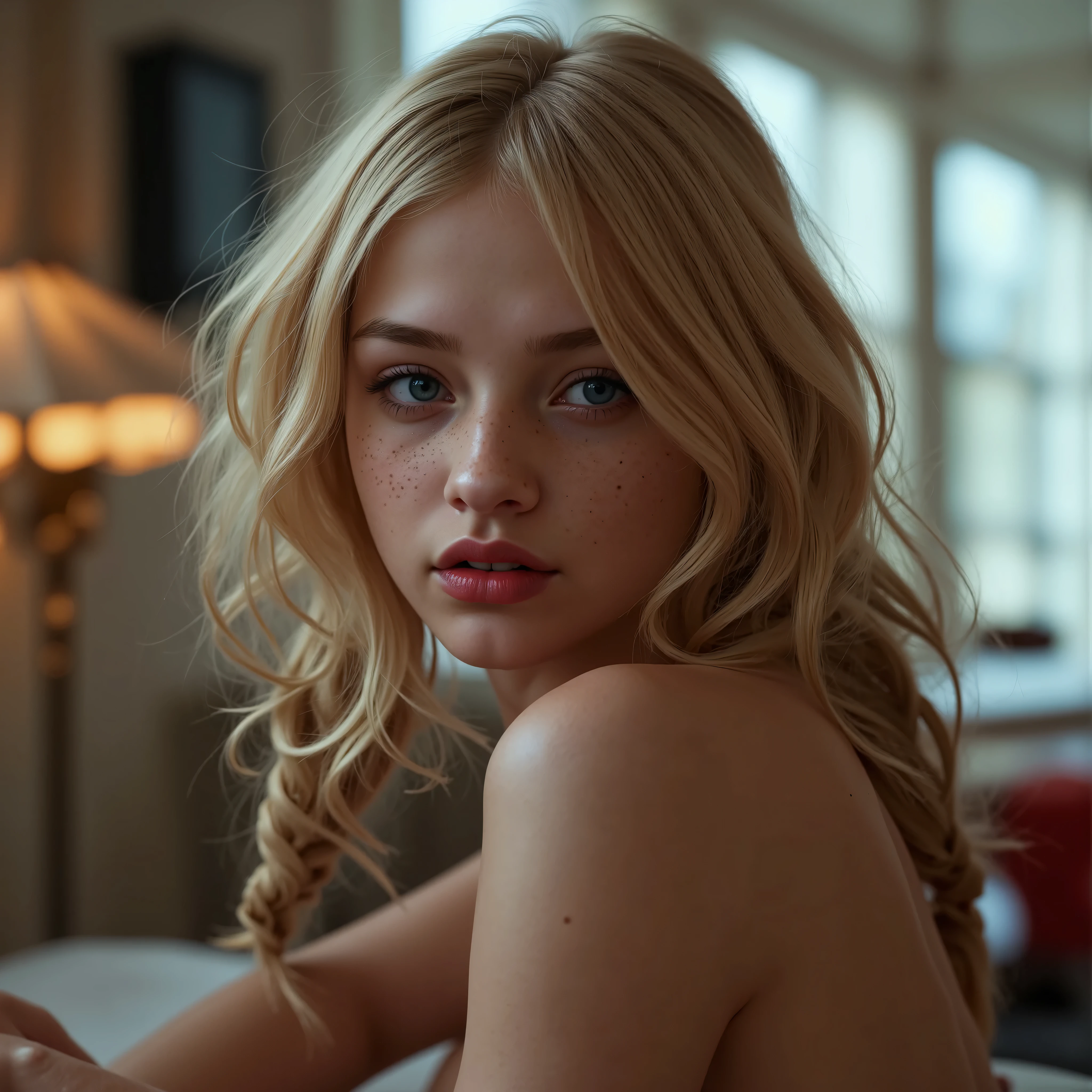 girl young, red pout , longer incisors, mouth slightly opened , Big blue eyes, long black eyelashes , freckles, Stupsnase, blonde medium length hair, two braids braided, slim, sexy Taile, sporty buttocks, sexy, topless, small breasts, stiff nipples, Goosebumps breasts, white translucent wet briefs, cameltoe, Darkroom, diuffuses Licht, sunshine, lying on your back, legs bent, Facing the viewer , full body, nude, without bra, without panties