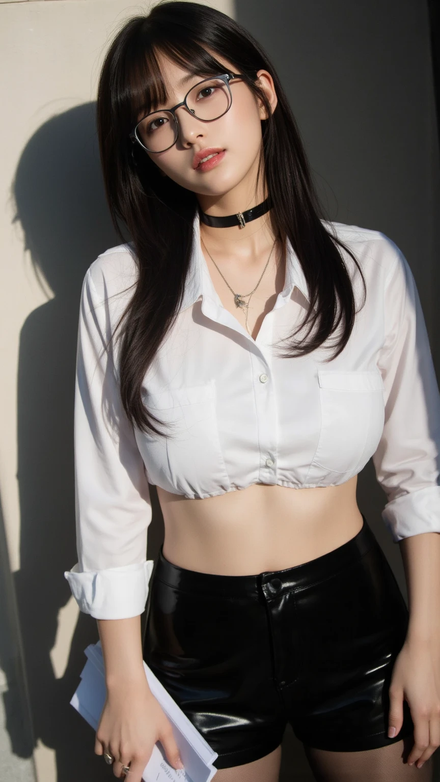 nsfw,Cute Japan high school girl,((leather mini skirt))、White shirt with front opening、small breast,trained abs、Leaner figure、Cowboy Shot、sleepy、Twin tails、red background、Live Performance Venues、underboob,groin is visible,earrings,necklace,bracelet,offsholder,navel is visible,bangs,belt,cat ear,