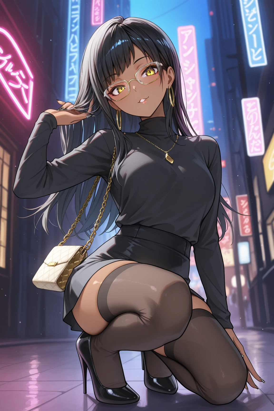 (Highest quality, High resolution, Very detailed), Black Hair, Long Hair, Reddish brown eyes, Sweater dress, Lace Thong, Large Breasts, 24th generation, Beautiful woman, mature, quiet, Calm, A small smile, City Street,