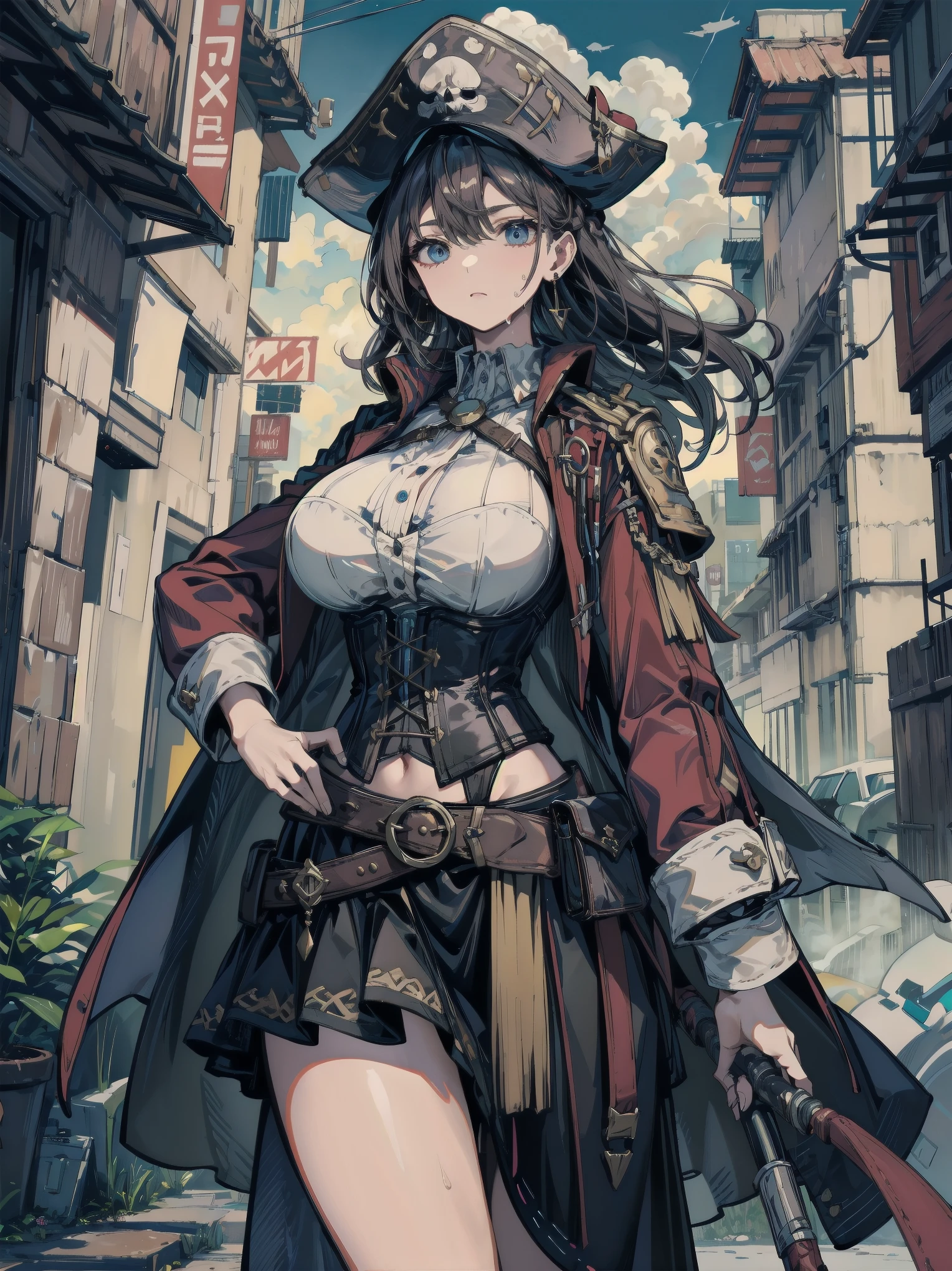 ideal ratio body proportions, perfect anatomy, correct body, earring, huge breasts, narrow waist, short hair, black hair, wavy hair, hair behind ear, half updo, sweat, adult body, outdoor, cowboy shot, Practical pirate clothing, Long-sleeved pirate top, Skirt, pirate hat, corset, black cape,