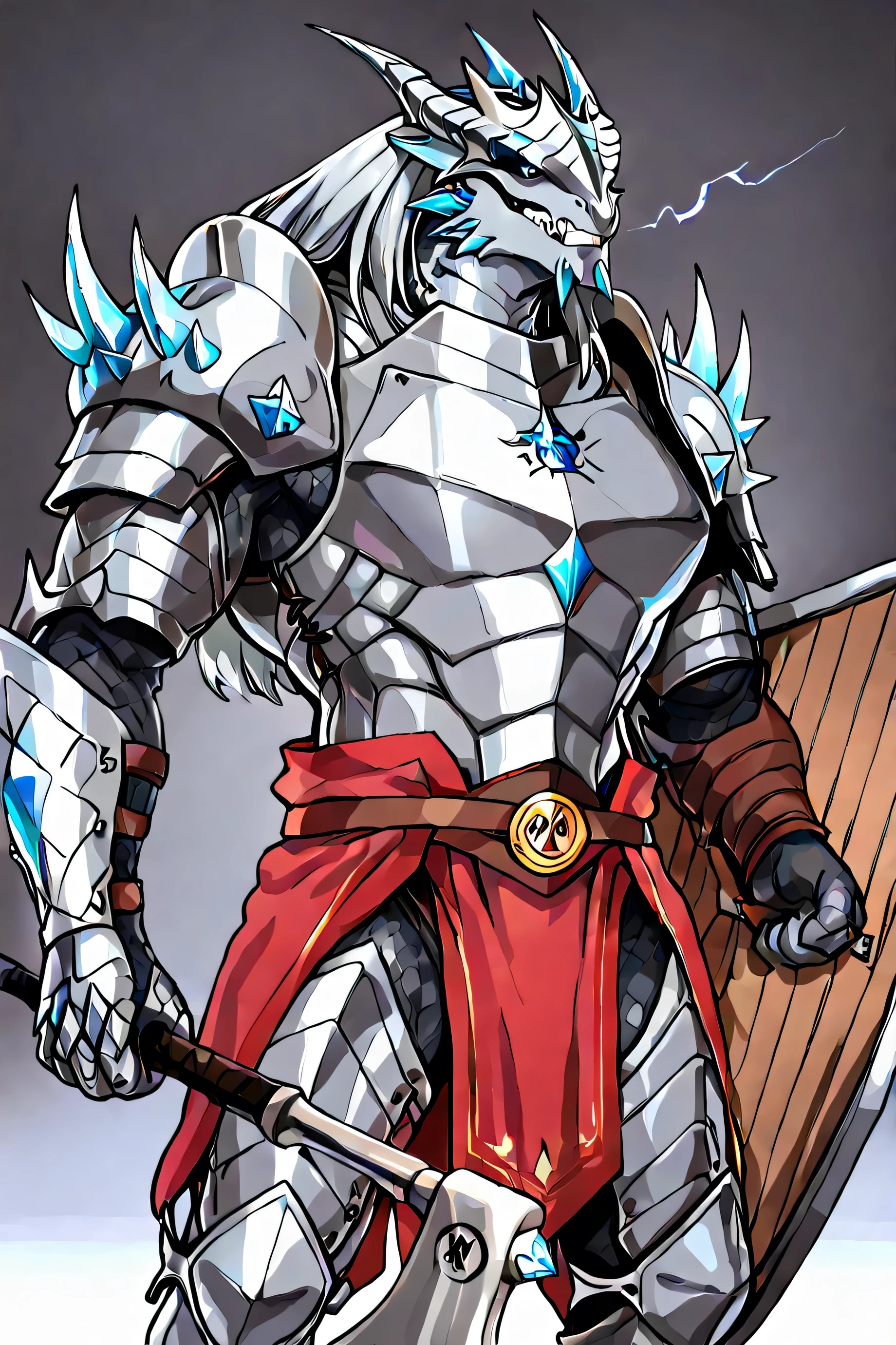 masterpiece, male silver dragonborn homem, Great Divine Warrior, wearing heavy plate armor adorned with draconic props that a multicolored circular symbol stands out on her chest. its gray scales have green features. At the top of his head is a large and long white crystal moecano up to the back of his head,crystals floating near the head. In her left hand she wears a mimic axe made of meat bones with eyes and mouths covered with teeth. He wields a large tower shield on his right arm. his expression is calm, but your eyes are filled with intense energy. battle pose, big muscular body , A draconate man, Alone, very detailed.