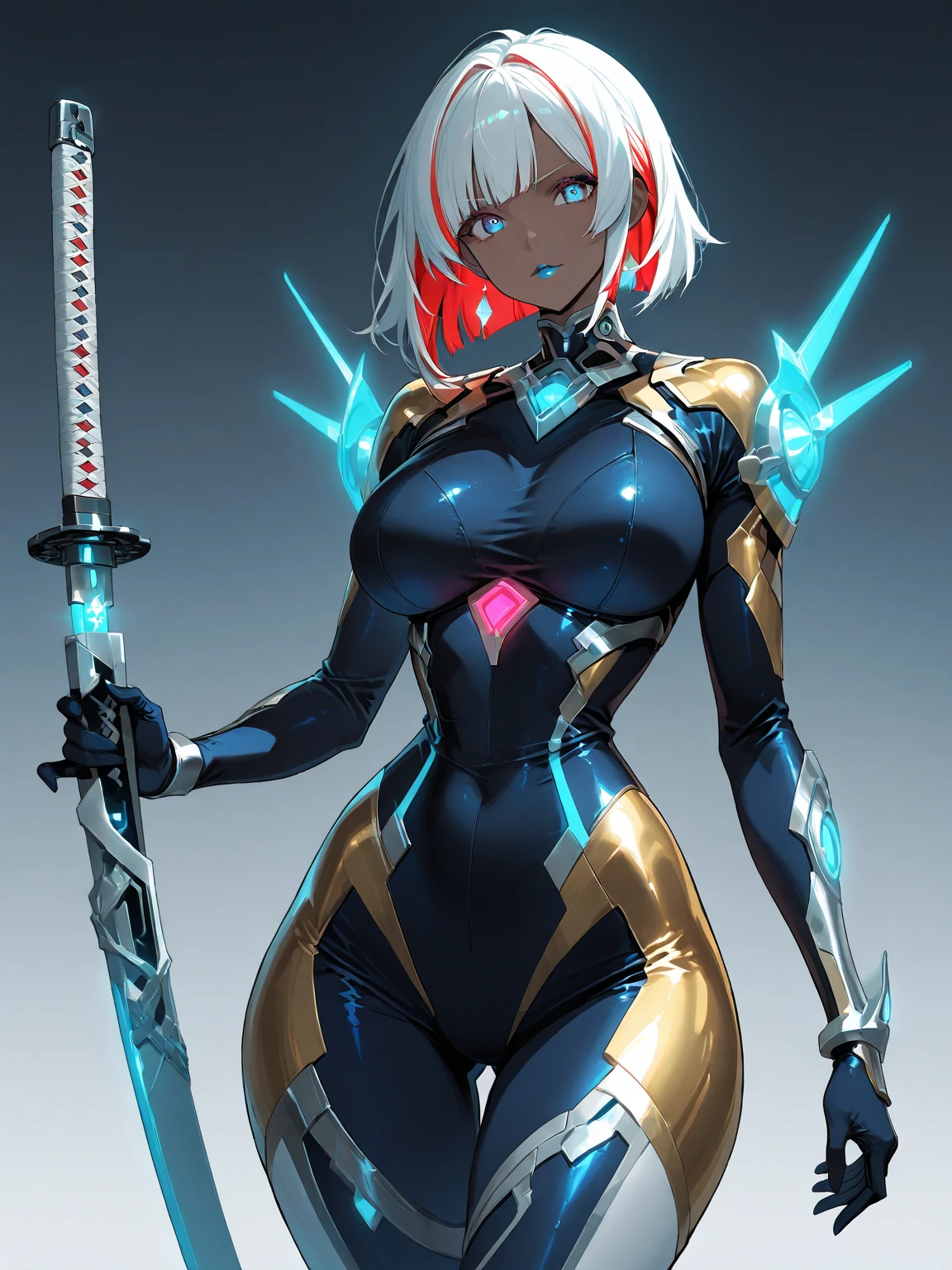 neon blue, fantasy ninja warrior, hot woman, short white hair, revealing metallic heavy armor, large hips, very large breasts, thick thighs, very thin waist , plumb ass, extremely detailed young face and eyes, sexy face, absurdes, 4k, sexy pose, dynamic shadows, beautiful lighting