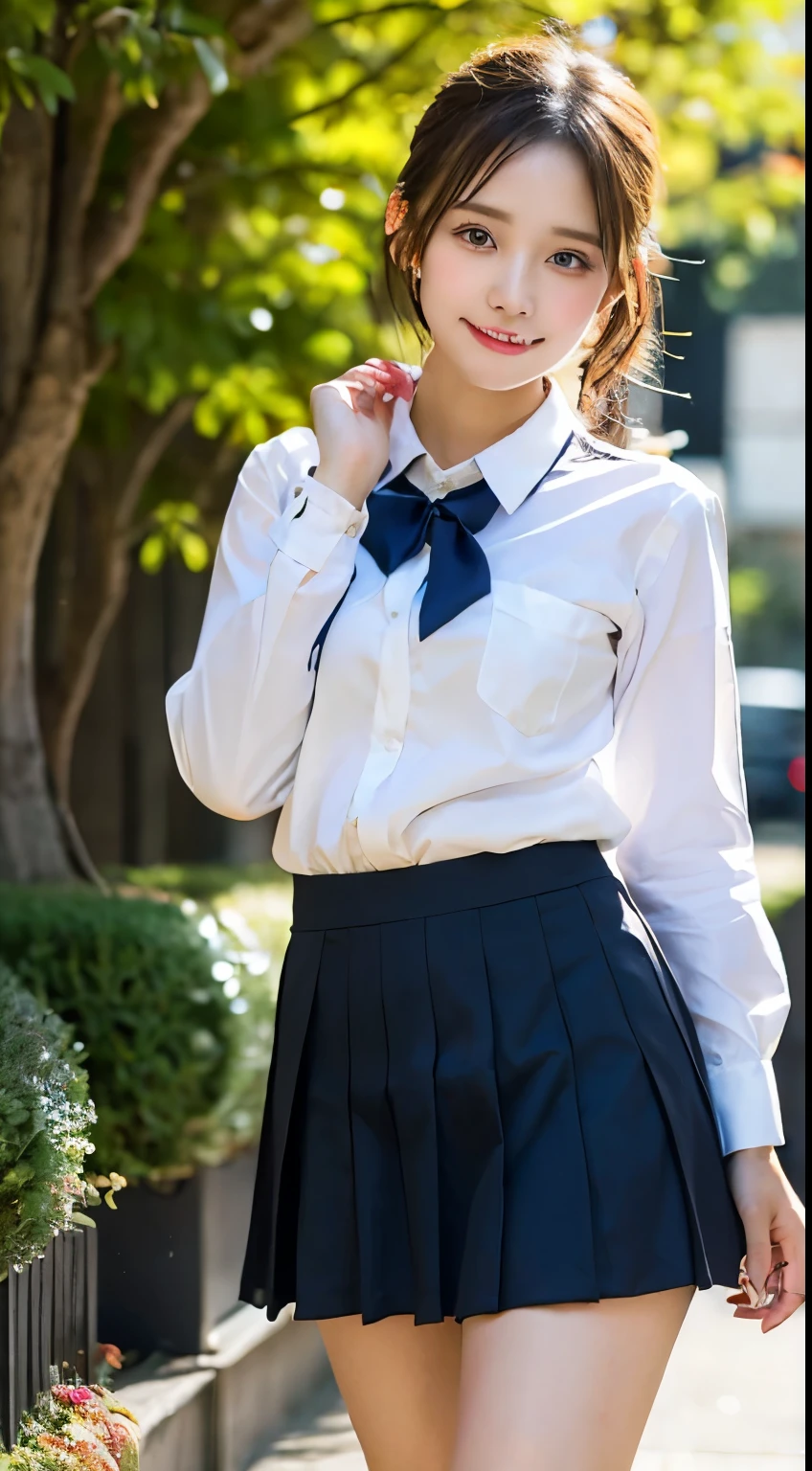 neat college girl、petite person、Outside the field、(Slimed、small tit、flat boobs、small boobs)、Photorealsitic、detaileds, Skin texture, ultra-detailliert、Delicate and sexy collarbone、a smile、Super detailed face、detailed lips、A detailed eye、二重まぶた、White panties are visible from the skirt、sexy pose、((is standing、Schoolgirl Uniform、White panties are visible from the skirt、Sheer white shirt、Navy blue ribbon at the collar、Dark blue pleated micro mini、slightly lift the hem of the skirt with both hands,))