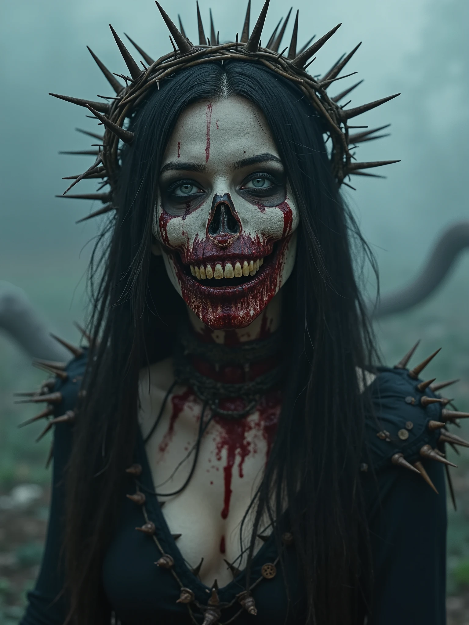 best quality)), ((masterpiece)), (detailed), 1 girl. penanggal. floating head ghost. Show lungs. Hearts organs outside. Organs fleash out of body. Flying at forest