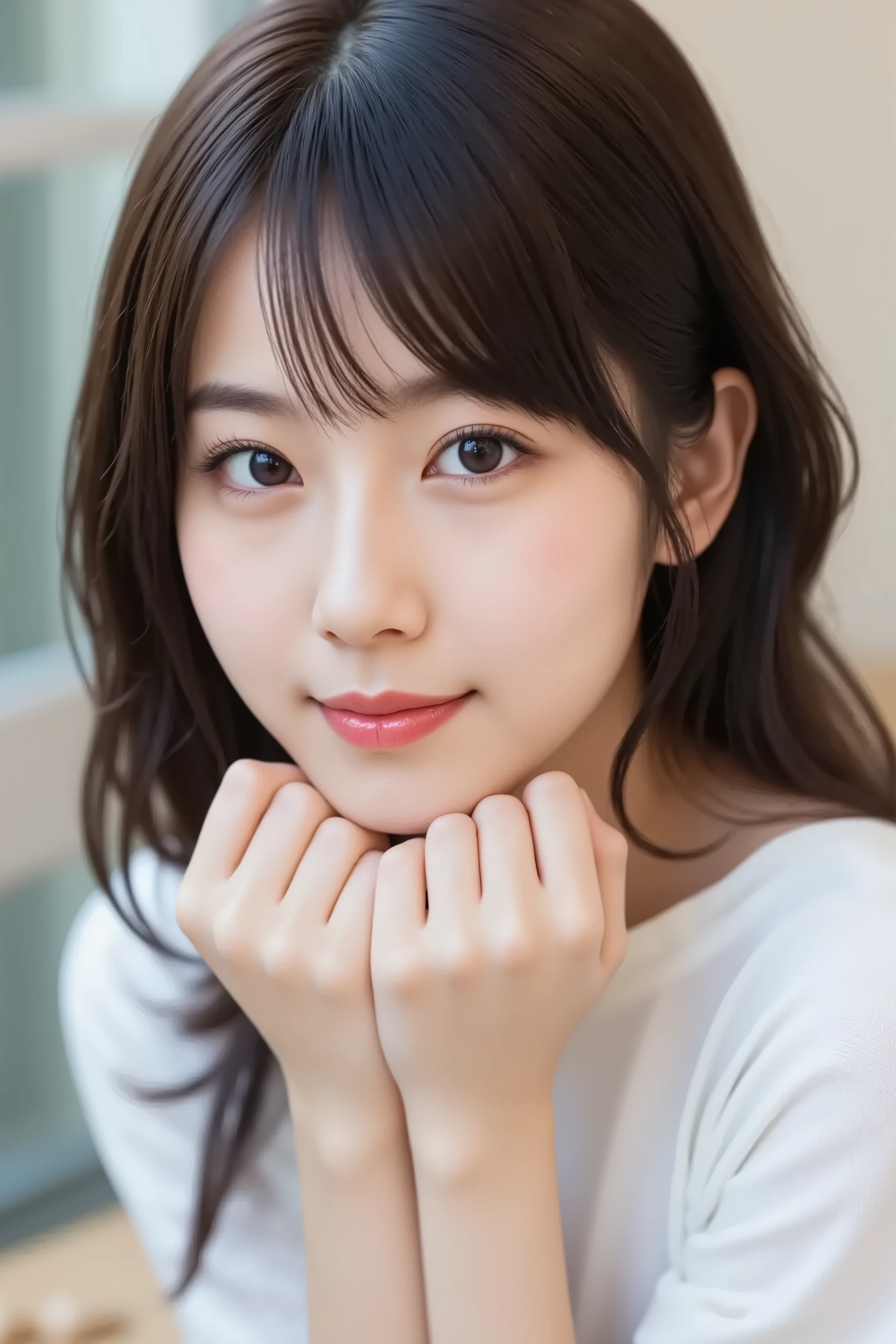 The face is positioned exactly in the center of the image, Cute pose、resting chin in hands , 's entire head is fully reflected , Face clearly visible, black hair、bungs, smile, Young and cute Japanese faces , Hi-Res CG Unity 8K Wallpaper, in white for summer very detailed, Film Grain , White and Red Lens Flare Sparkle , top quality ,8k, viewer , masterpiece , top quality , in white for summer very detailed , cute , external background , in white for summer very detailedな , Detailed Features , beautiful , beautiful Japanese woman, Female 1