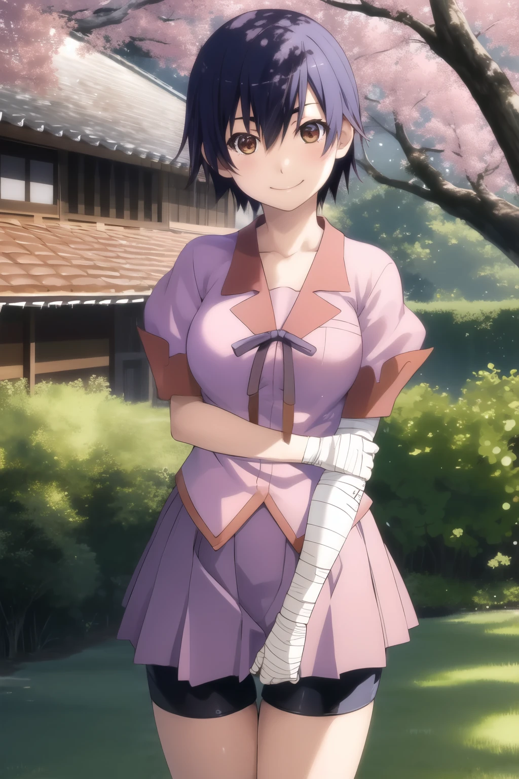 hidden hair, Alone, viewers,
bandage, bike shorts, Naoetsu High School Uniform, pink shirt,
, smile, short hair, medium breasts, brown eyes,
smile, cowboy shooting,
garden, tree々,