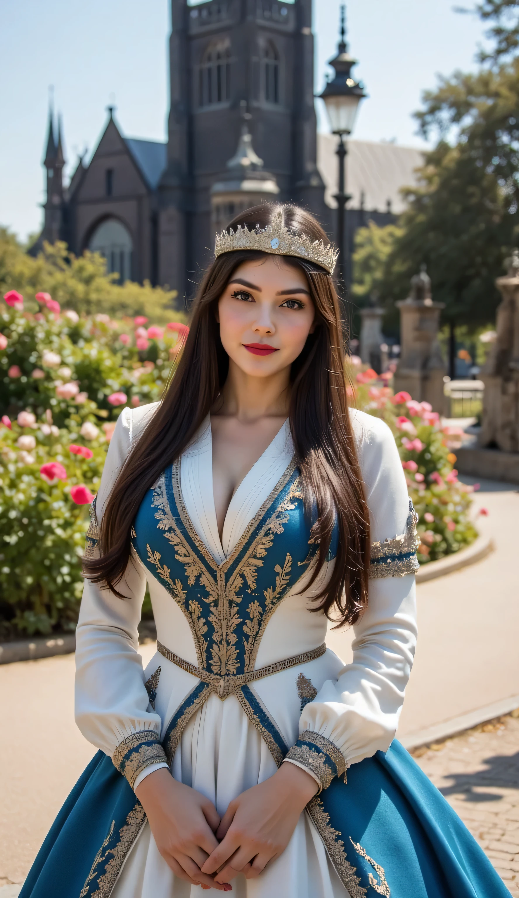 ((best quality, masterpiece, score_9, score_8_up, fluxbodybuilder, boring, Real-Faceji)), intricate details, sharp focus, professional, real life, realistic representation of the face, (detailed (athletic, pale albino skin, freckles, blue white pattern renaissance ball gown, (queen, crown, jewels, realistic photograph, life-like photo), blackout eye makeup, iceblue eyes), long straight glossblack hair, brown highlights, smiling, smirk, red lipstick, background bokeh flower garden in a medieval park, faraway black stone cathedral, bright sunlight, her head is tilted upward to enjoy the sunshine
