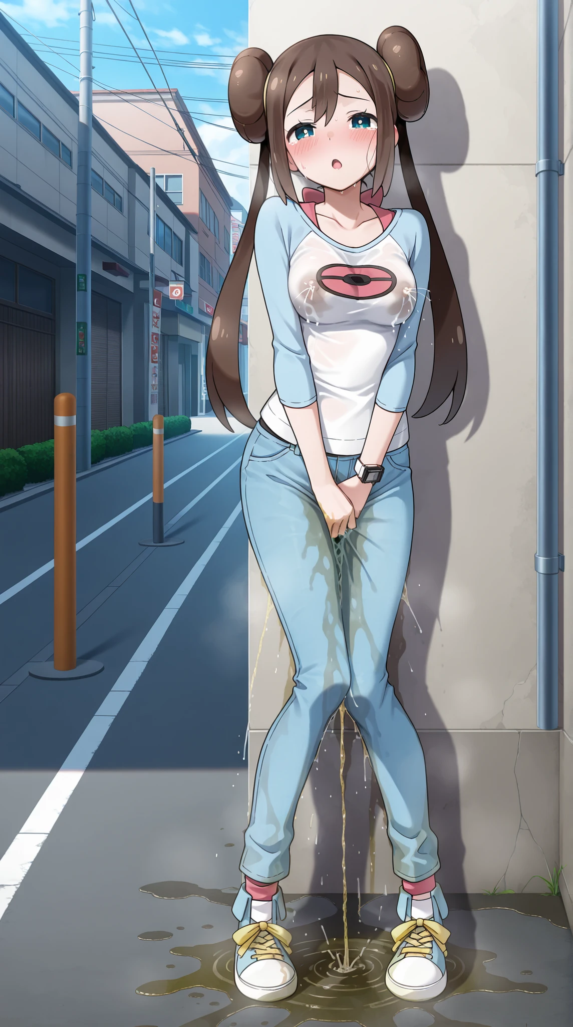 Misae Nohara, (Auntie:1.5), (Mature Woman:1.5), (absurderes, 8k, 4K, masutepiece, hyper extreme detailed:1.2), Best Quality, Perfect Anatomy,Perfect face,High humidity, (Very large breasts:1.7), (Wet:1.2), (Alley:1.3), Graffitied wall, Garbage can, Scattered trash, (Brown eyes:1.2), (Clothing is revealing:1.2), Exposed shoulders, Torn clothes, Are pregnant, Firm breasts, Upturned nipples, (blush:1.2), (Outdoor:1.5), (Out:1.3), (orgasm face:1.4), Sitting, (Masturbating:1.5), Smile, (spread legs:1.3), (spread pussy:1.2), (Sweaty:1.8), (oiled skin:1.3), (Inserting a finger into the female genitalia:1.3), (A small, see-through white tank top:1.4)
