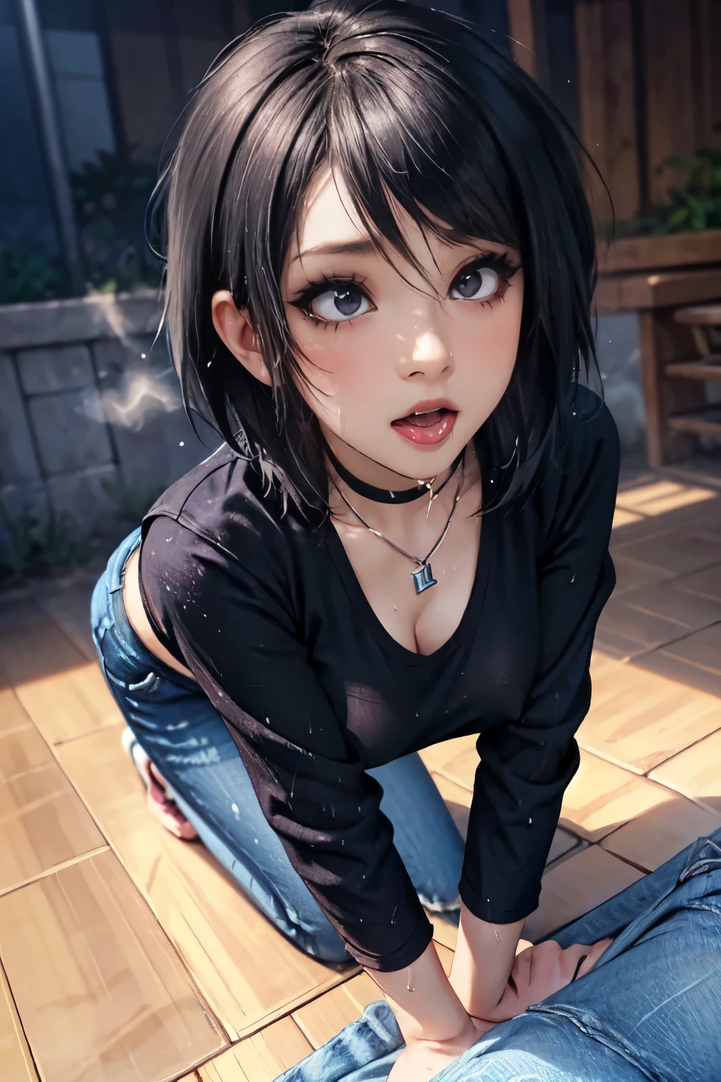 Girl, woman, emo_hairstyle, black lipstick, necklace, eyeliner, eye shadow, smoky eyes, realistic lighting, short hair, shiny skin, big breast, bra top,(open jeans, pants are slightly down:1.2), (Tongue out, open mouth, ahegao, saliva:1.4), Sweaty, wet. Oiled up, oily body. On all-fours, on hands and knees, doggystyle.