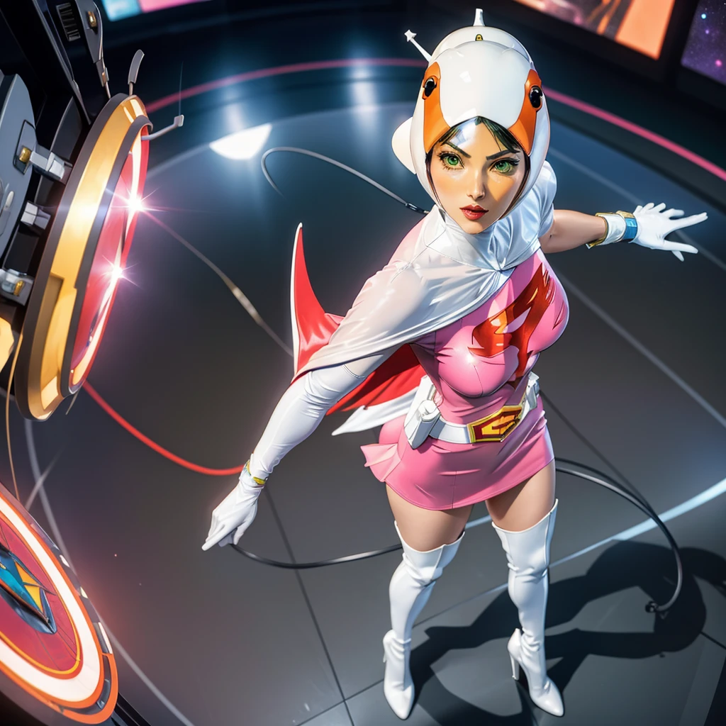 ANI_CLASSIC_jun_gatchaman_ownwaifu,1girl, ,good anatomy, masterpiece, best quality,realistic, hyperrealistic, 16k hdr,breasts,green eyes,lips,large breasts,lipstick,makeup,gloves,cape,helmet,belt,elbow gloves,white gloves,mask,ultra miniskirt,leotard,spacesuit,white tight overknee highheels boots,pink dress,superhero,bodysuit,cleavage,erected nipples,((standing pose,spread legs, arms up straight)),cameltoe