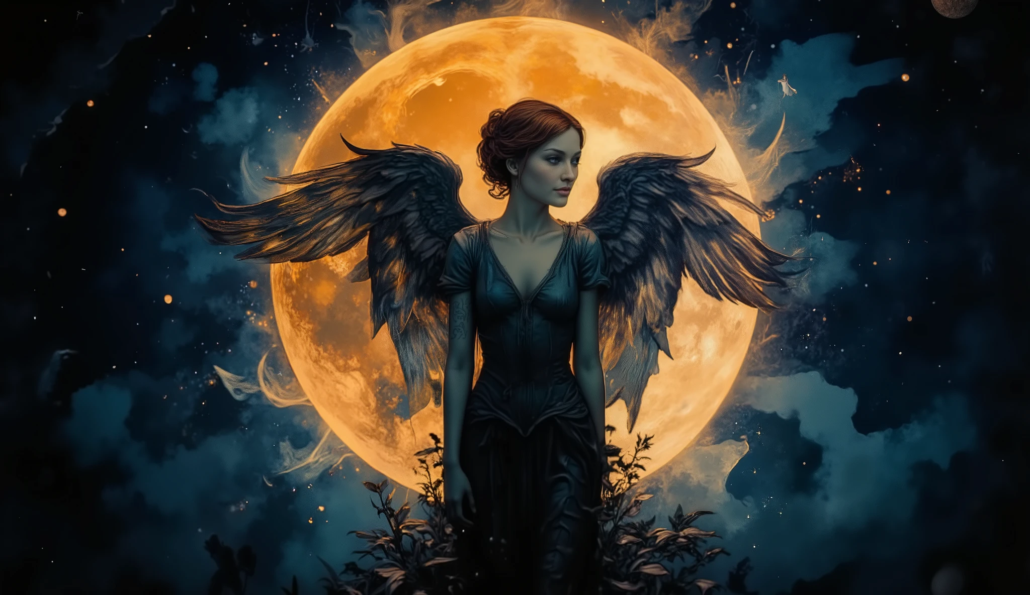A Pixar 3D rendering of an eclipse, with an angel’s silhouette overlapping the moon, giving it a whimsical yet mysterious feel, inspired by Pixar's style, bright, vivid colors of blues and oranges, the angel’s face calm but thoughtful, high-key lighting with strong contrasts, magical and serene mood --v 5 --stylize 1000