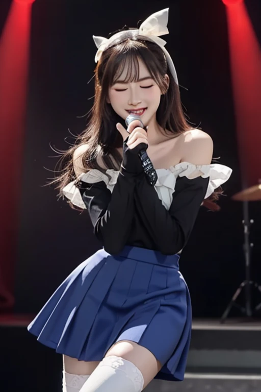 (Masterpiece, Realistic, Ultra High Definition, Best Quality: 1.2), Girl Alone, Solo, (Young), No Makeup, (Black Hair), Japan Idol, Singing on Stage, Holding Microphone in Hand, Idol Singing Costume, Idol Dress, (Akina Nakamori), Photorealistic, Stage, Stage Lighting, Live Venue, Stage Spotlight, Light Version, (pureerosface_ v1:0.8)