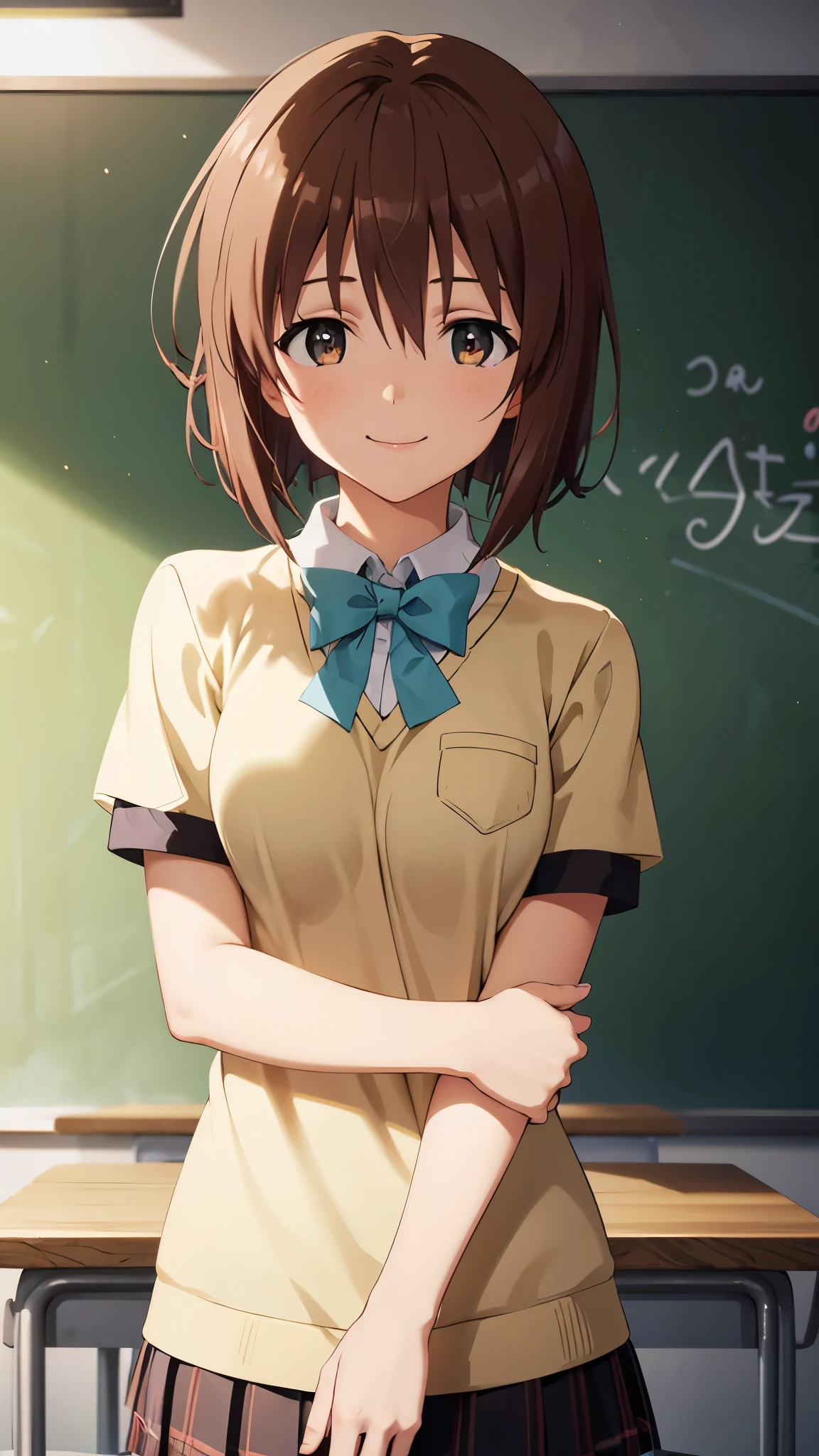 1 girl, yukiho hagiwara, brown hair, short hair, brown eyes, smile, BREAK, school uniform, stand in front of the blackboard, in the classroom, (evening, The sunset-tinted scenery), View from the front, CG, unity, 8k, wallpaper, highest quality, masterpiece, complex pupils, complex textile, detailed background, (best lighting: 1.5), detailed eyes, detailed face
