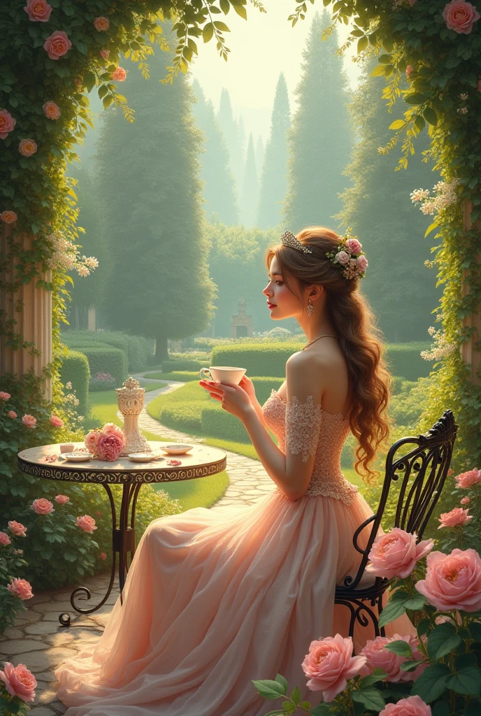 Girl sitting on a chair drinking tea in a dome in the middle of a rose garden, There is a tea set on the table., panoramic view of the garden, The large garden made the girl look small.