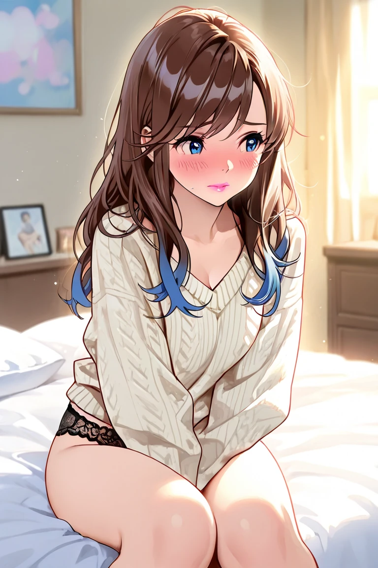 top-quality、超A high resolution、Ray traching、globalillumination、a 20 yo woman、college aged、Blue Eye、Brown medium hair、(Kamimei)、Shy laughter、breasts of medium size,、thick thight、、Denim tight skirt、(White turtleneck sweater)、Hide your chest with both hands、Sleep in bed