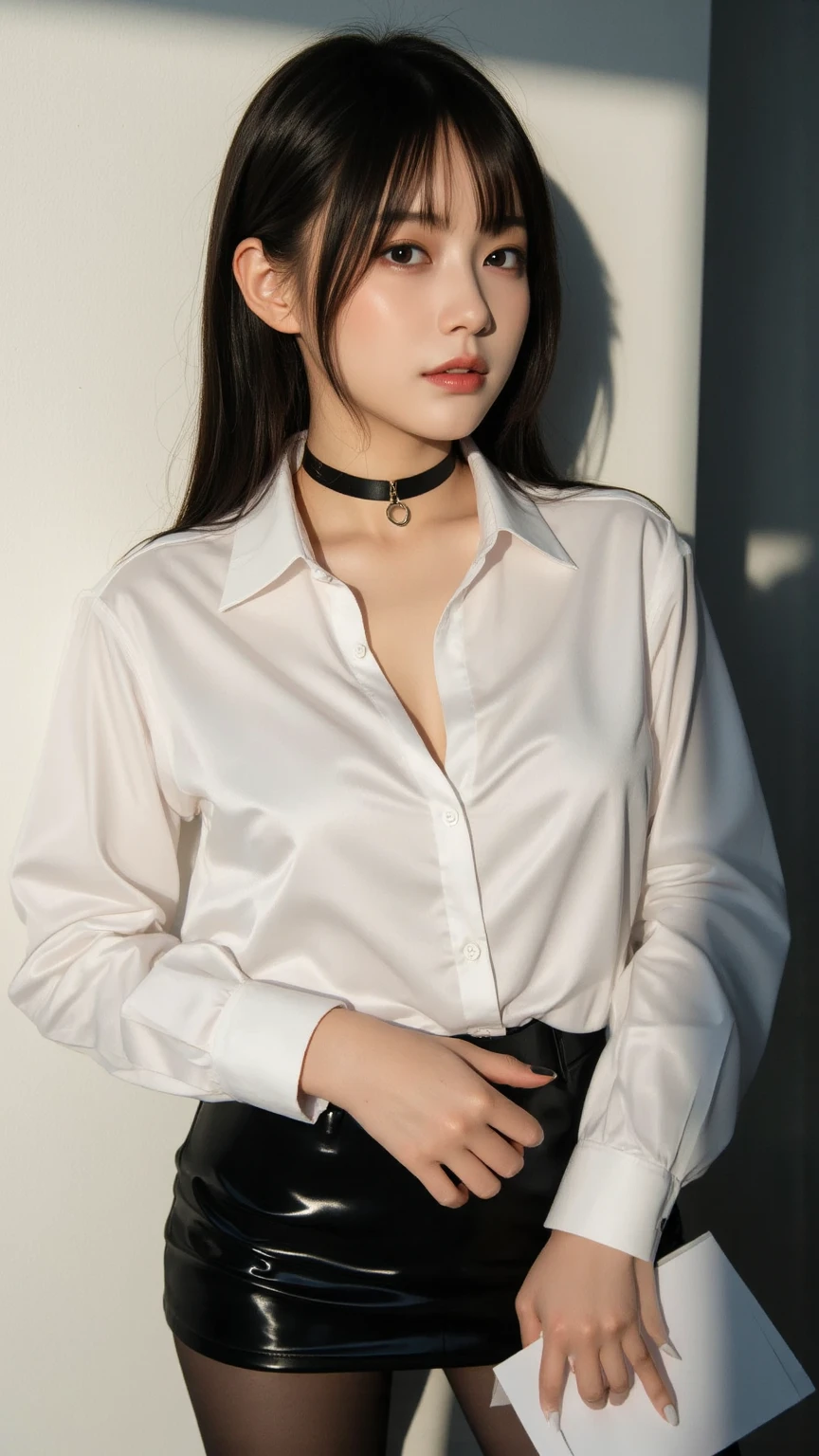 (8k, top quality, masterpiece: 1.2), (realistic, photorealistic: 1.37), super detailed, girl single, cute, solo, sitting, dating, (blush), (smile: 1.15), (closed mouth), big breasts, gaze staring at camera, breast staring at camera, fine beautiful eyes, large round eyes, clear double eyelids, eyelashes, (shirt with collar: 1.1), wet, office clothes, (Short hair: 1.2), floating NovaFrogStyle, bangs, long neck, happy smile, mouth closed, pretty face, realistic skin type, realistic texture, unbutton, light pink lip, really nothing background, really pure white background, 28 years old, high school student, no shadows on face, natural light, not thick upper lip