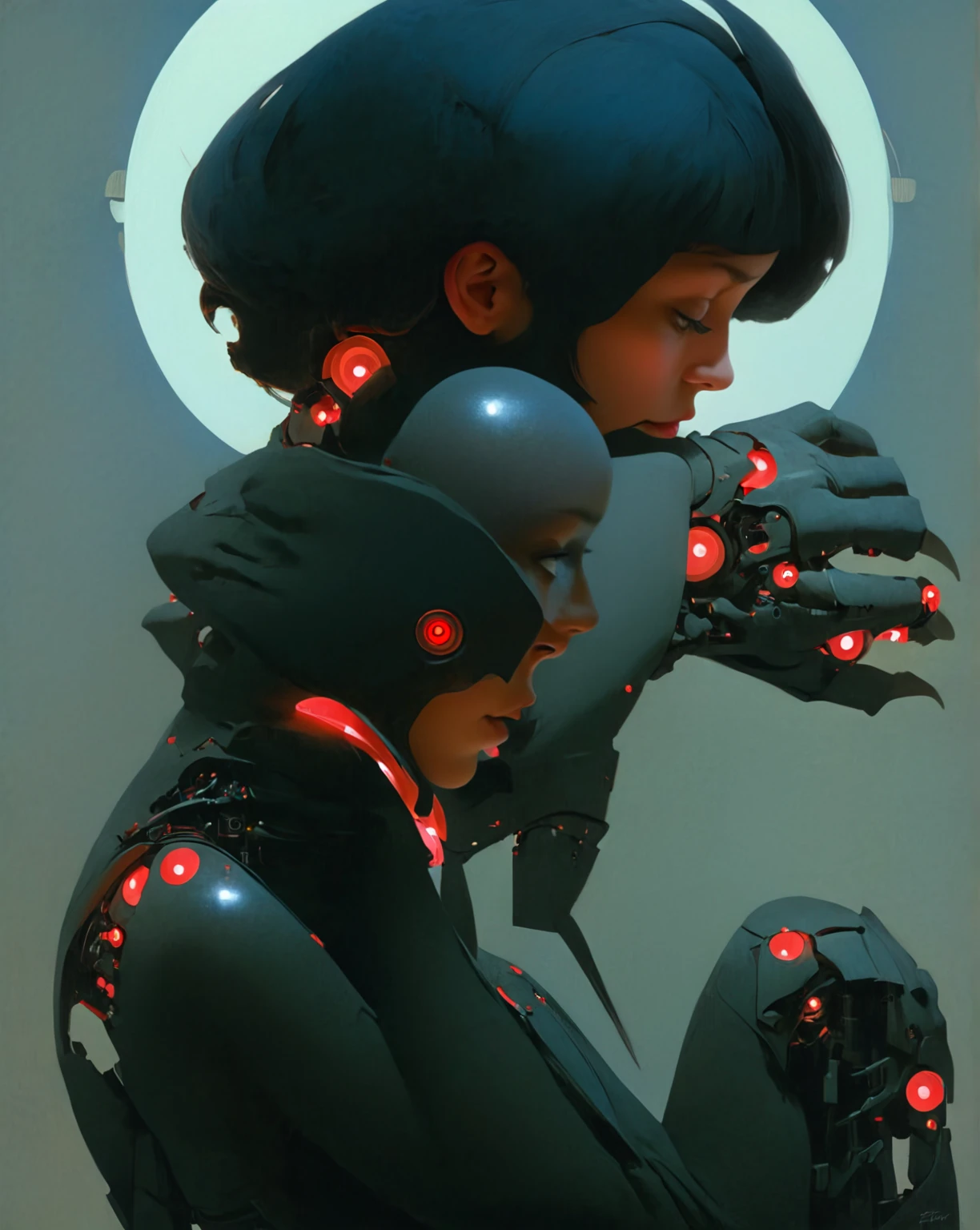 2 asian girls in black bodysuit and white tights,short hair wearing glasses studying,Those two girls study a lot and are doing math., and are wearing a tight black hood with a jumpsuit that only reveals the face with many computer wires connected to the hood to help the two girls study better., and 2 she is in Training, hat is very tight on the head