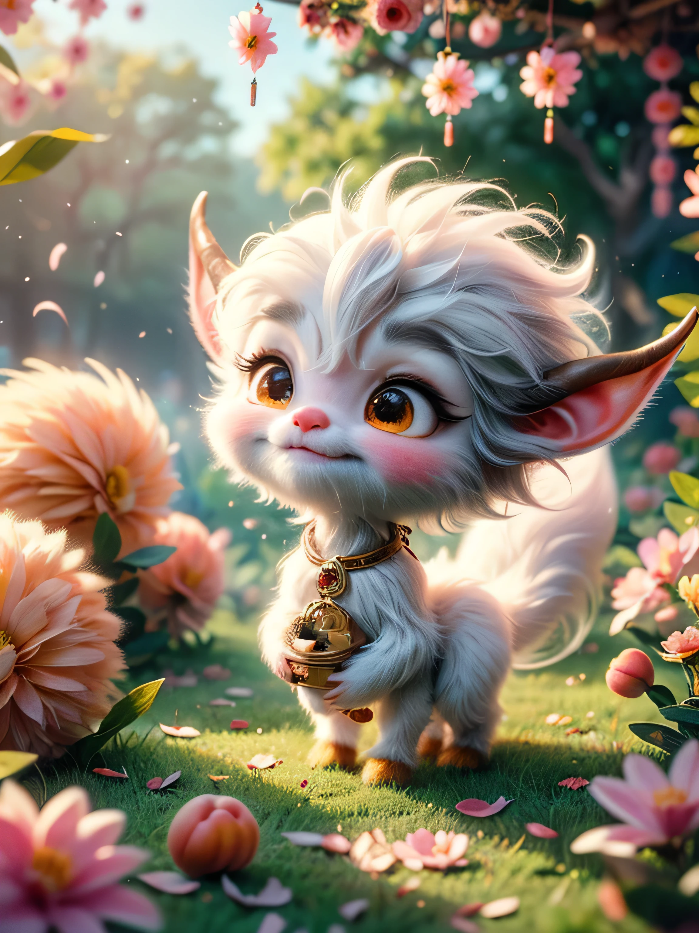 whimsical airbrush and oil painting, best angle of a Very cute mythical graceful transparent anthropomorphic furry satyr holds a goinya bowl, thin paws, fragile legs, satyr spirit, Mystical garden where peach tree grows in a professional photograph by Awwchang :: Luis Royo :: WLOP :: Artgerm Lau :: Anne Stokes :: natural deep colors