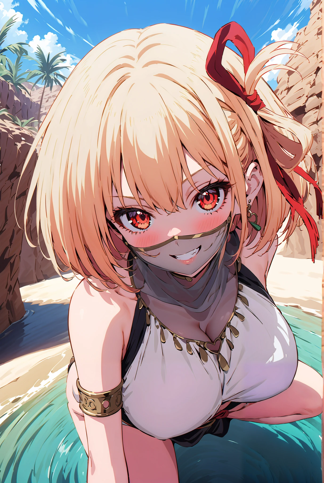 score_9, score_8_up, score_7_up, source_anime,
Nishiki Shiho , Nishikidi Chisato , short hair, bungs, blonde hair, Red Eyes, hair ribbon, one side up, bob cut,smile,blush, grin ,Big Breasts,Chest Valley,Arabian clothing, dancer , mouth Veil, belly Dancing, Veil, Armlet,is standing,Bare legs,palm tree, water, Dancing,full bodyがillustration for both eyesに入るように, break looking at viewer,full body,
break outdoors, desert, oasis,
break (masterpiece:1.2), top quality, High Resolution, Unity 8K Wallpaper , (illustration for both eyes:0.8), (beautiful detailed eyes:1.6), has a very detailed face, perfect lighting, extremely detailed CG, full body写真,(perfect hand, perfect anatomy),