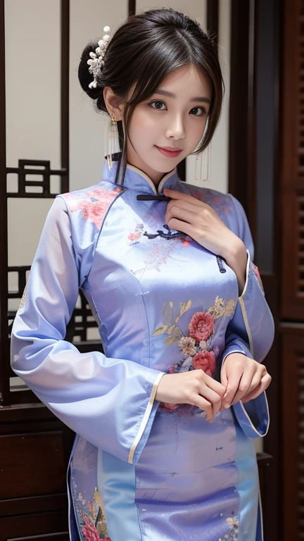 (realistic:1.3), finely detailed, quality, rembrandt lighting, (masterpiece:1.2), (photorealistic:1.2), (best quality), (detailed skin:1.3), (intricate details), dramatic, ray tracing, 1girl, chinese girl, 21 years old, detailed skin texture, (blush:0.5), (goosebumps:0.5), subsurface scattering, smiling, medium breasts, updo hair, hair flower, bangs, hair between eyes, ch30ngs4m_1, blue long silk cheongsam, silver and pale lavender embroidered flowers, sheer sleeves, cowboy shot, (contrapposto, fashionable pose:1.2), (night, night sky, outdoors, garden, plum blossom trees), <lora:ch30ngs4m_1:0.75>