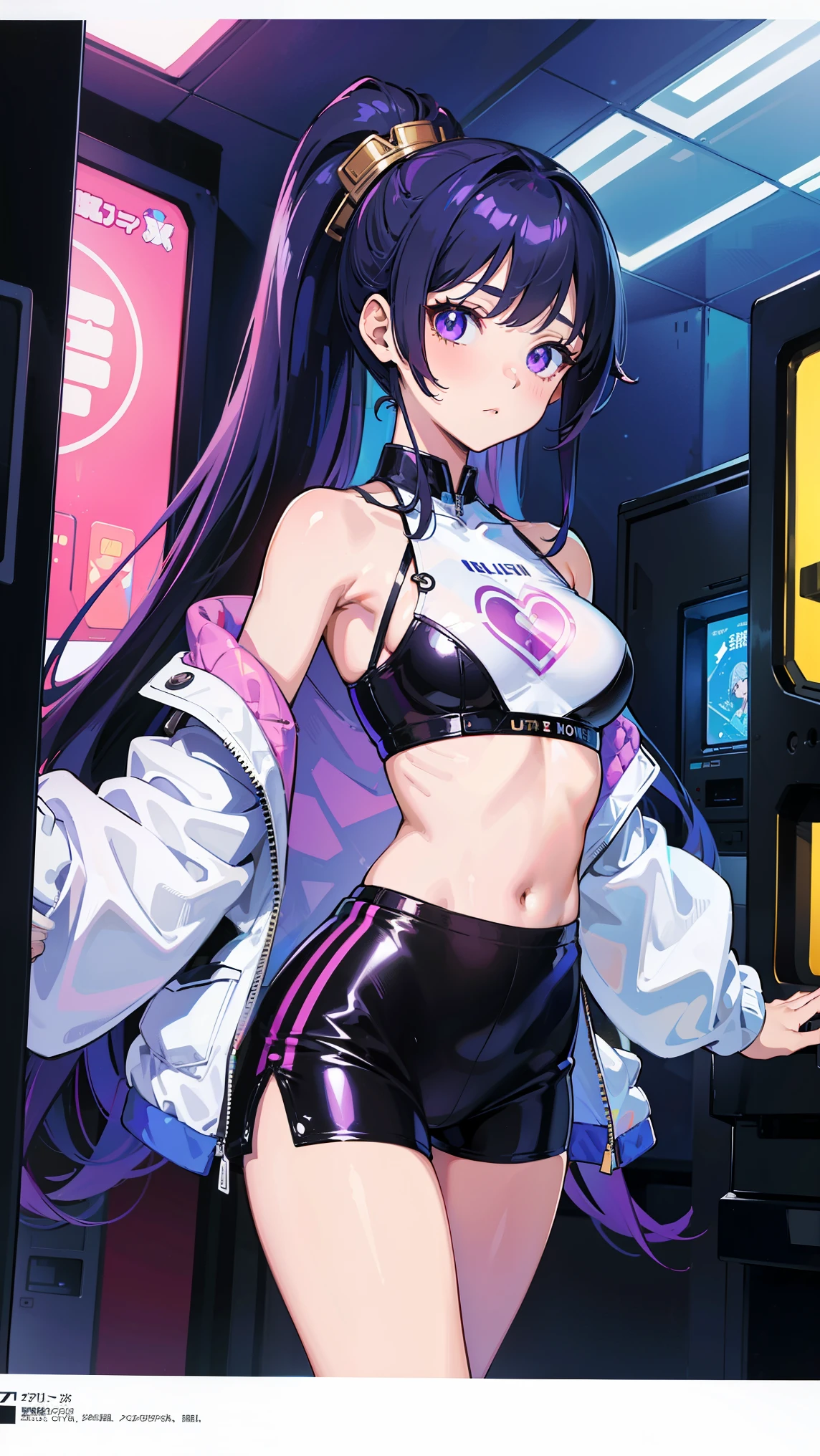 Masterpiece)), best quality, absurderes, ultra detailed, holographic, cowboy shot, golden ratio, super cute girl, mature girl, idol girl, super beautiful asian girl with very beautiful violet glowing eyes, beautiful glowing brown multicolored hair, high ponytail, nice and sexy body, slim body, perfect body, wearing a super tight anime printed leotard, an anime printed super tight off shoulder long sleeve crop top, a super aesthetic transparent mini jacket, beautiful hair ornament, pink jordan tennis, playing with her handsome otaku skinny boyfriend, with black messy glowing hair, in the arcade games