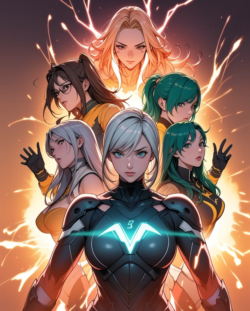 A brave and daring image of the seven-woman Ranger team, Each is decorated with the following vibrant colors:: neon pink, Sky blue, Fire engine red, plasma violet, Fluorescent Green, shocking yellow, Shinning silver. A dynamic pose with a background that oozes energy and courage.。, Embodying the essence of the classic Sentai superhero team. Each Ranger's outfit is sleek and modern, Each color has elements that reflect its theme., Ready for action. ((camel toe))