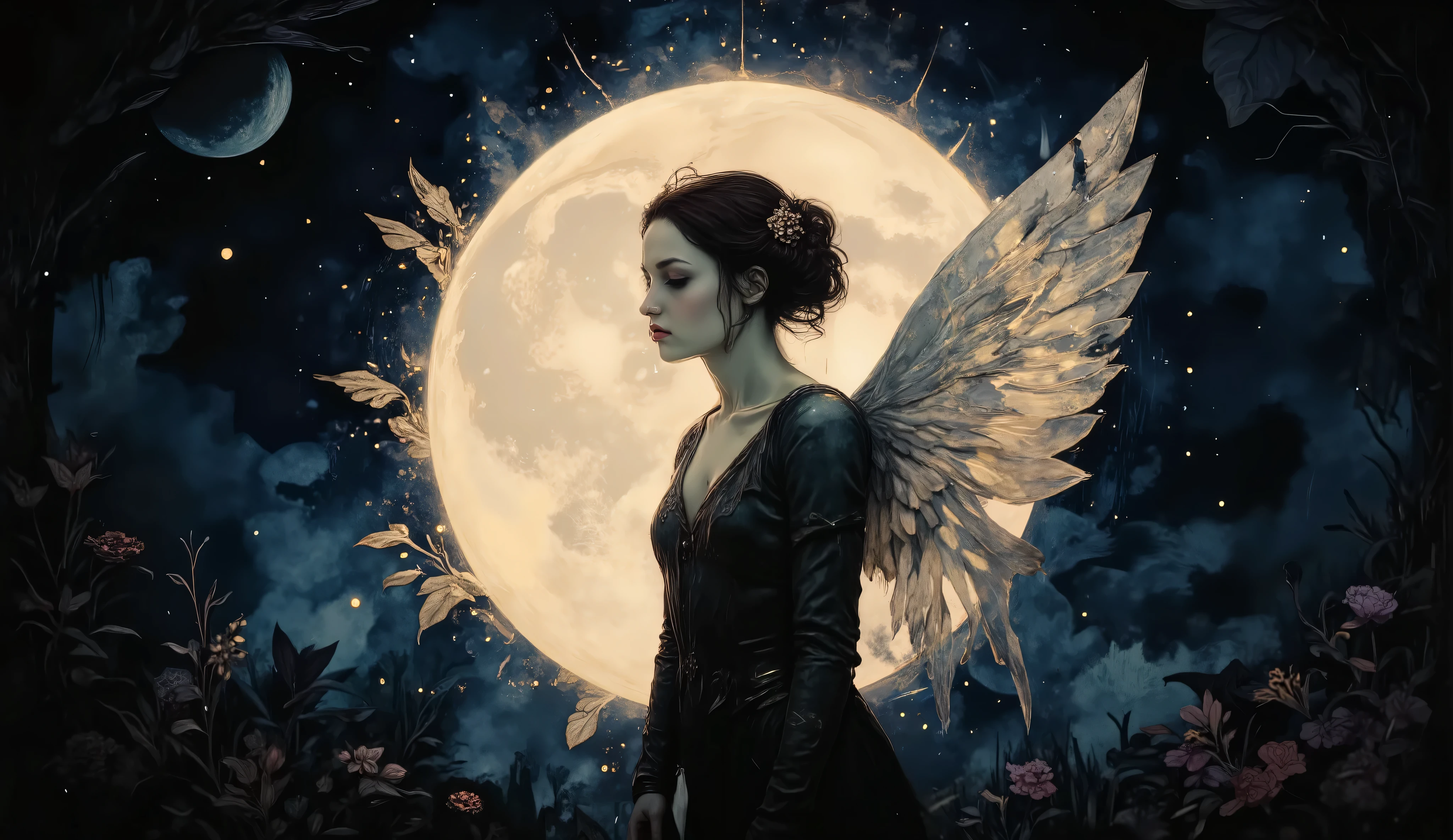 A digital illustration of a full eclipse where an angel, with glowing wings, envelops the moon in shadow, resembling the style of Hayao Miyazaki, the moon faintly visible through the angel's silhouette, soft blues and purples, the angel's face serene and calm, warm lighting with dramatic contrasts, mystical and dreamlike atmosphere --v 5 --stylize 1000