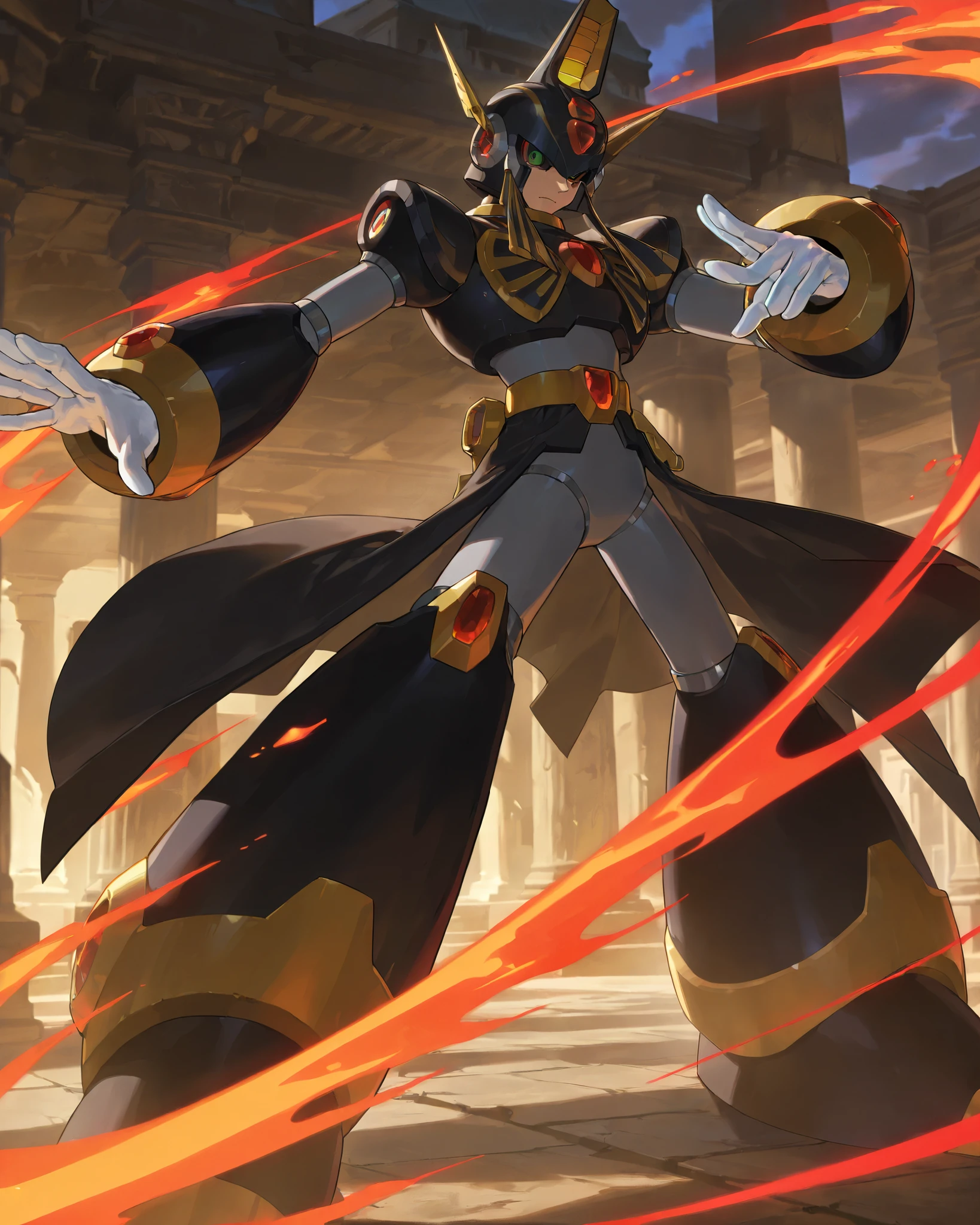 score_9, score_8_up, score_7_up, score_6_up, score_5_up, score_4_up, evnstnly, solo, 1male, white reploid, black coat, anubis armor concept, mega man reploid style, megamanreploid, big armour, chest plate with red symbols, anubis helmet, green eyes, black sclera, looking at viewer, close view, posing, ancient temple, dominant pose, dynamic view