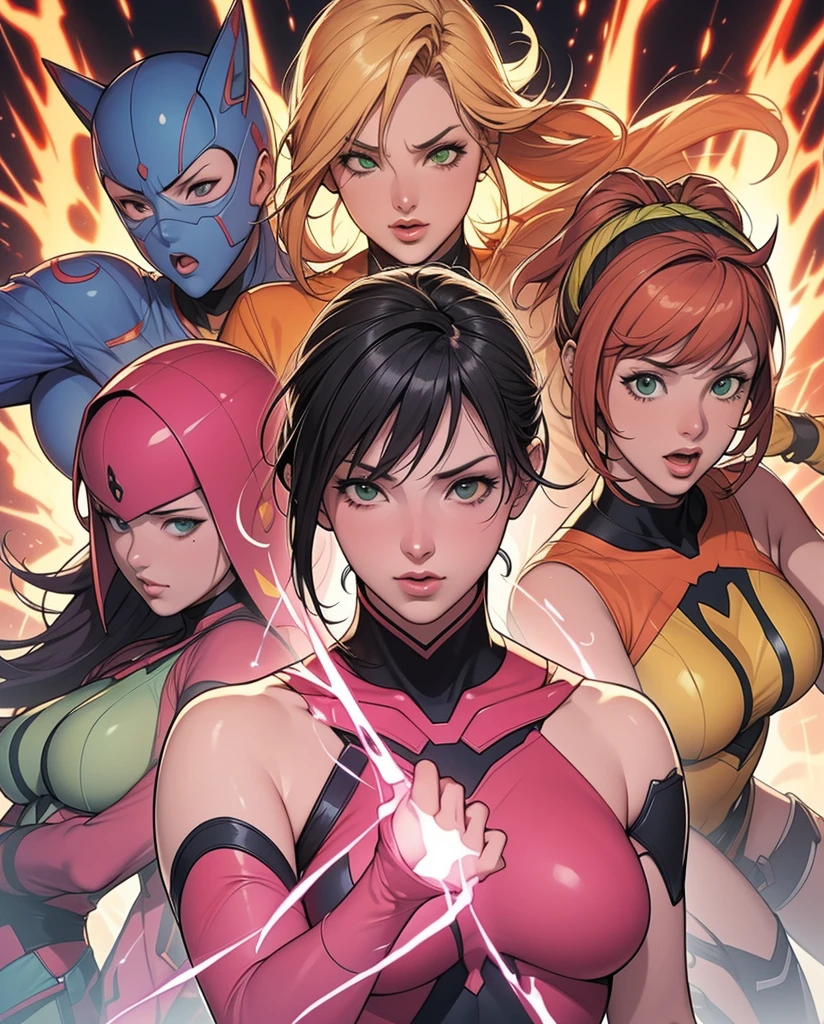 A brave and daring image of the six-woman Ranger team, Each is decorated with the following vibrant colors:: neon pink, Sky blue, Fire engine red, plasma violet, Fluorescent Green, shocking yellow. A dynamic pose with a background that oozes energy and courage.。, Embodying the essence of the classic Sentai superhero team. Each Ranger's outfit is sleek and modern, Each color has elements that reflect its theme., Ready for action. ((camel toe))
