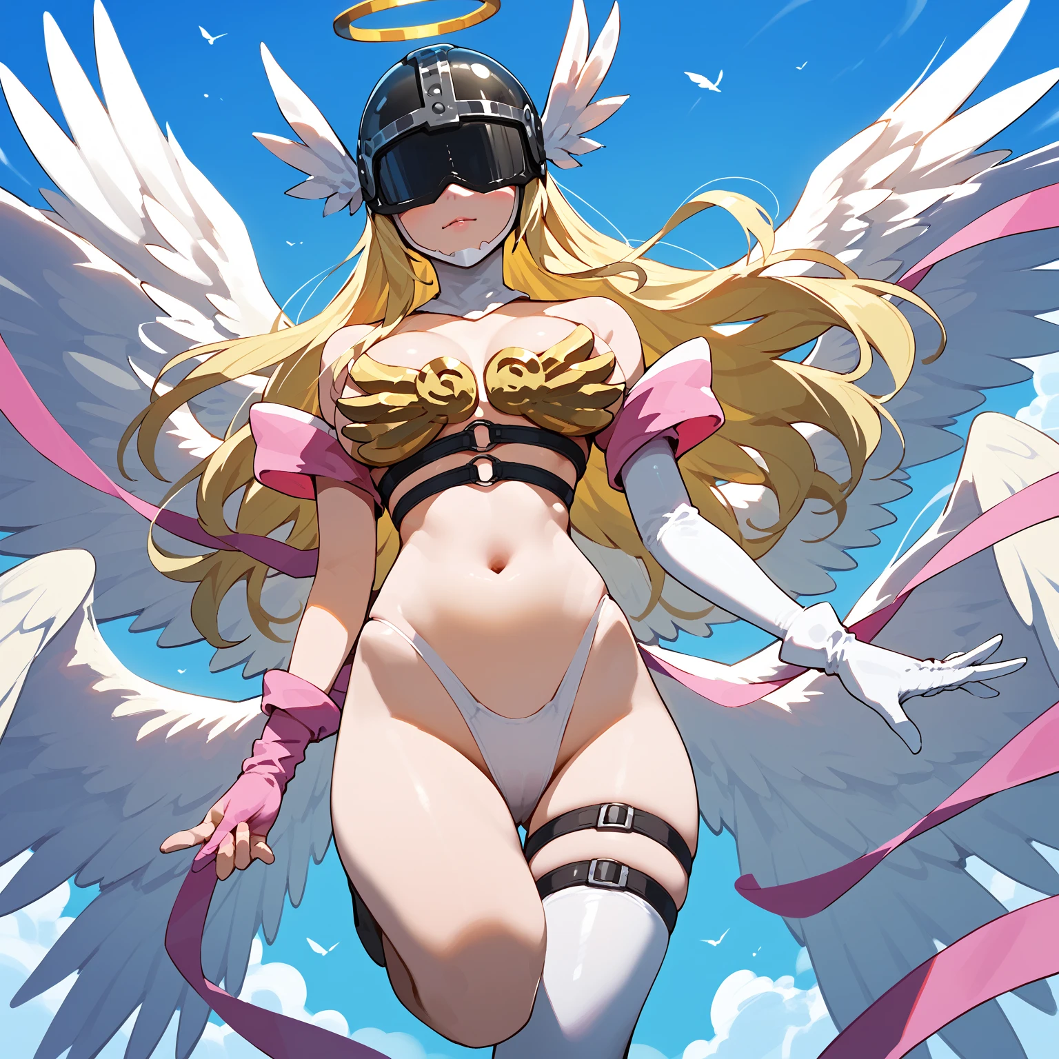 Angewomon, Angewomon, Blonde Hair, (eyes covered:1.7), Long Hair, break angel wing, Exposing shoulders, elbow gloves, feathered wing, gloves, head wing, Helmet, belly on, pink ribbon, ribbon, One-elbow gloves, One-handed gloves, Thigh straps, wing, classroom,, Large Breag Breasts audience, whole body, so beautiful, Absurd, front, From below, masterpiece, Spread your legs, break looking at viewer, break outdoors, city, break (masterpiece:1.2), Highest quality, High resolution, unity 8k wallpaper, (figure:0.8), (Beautiful fine details:1.6), Highly detailed face, Perfect lighting, Highly detailed CG, (Perfect hands, Perfect Anatomy),