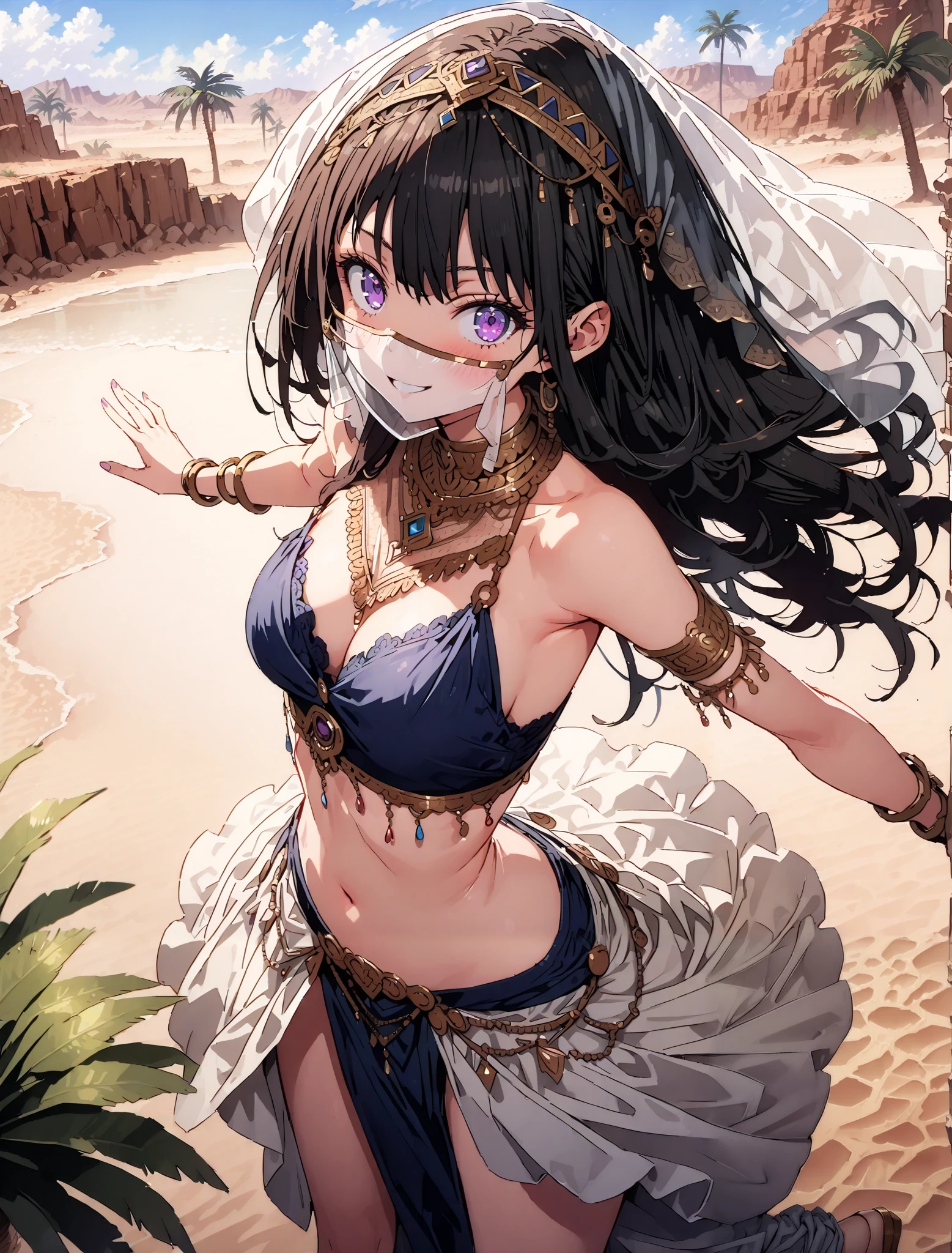 score_9, score_8_up, score_7_up, source_anime,
Takiuchikami, check it out, long hair, bungs, black hair, purple eyes,smile,blush,Arabian clothing, dancer , mouth Veil, belly Dancing, Veil, Armlet,is standing,Bare legs,palm tree, water, Dancing,full bodyがillustration for both eyesに入るように, break looking at viewer,full body,
break outdoors, desert, oasis,
break (masterpiece:1.2), top quality, High Resolution, Unity 8K Wallpaper , (illustration for both eyes:0.8), (beautiful detailed eyes:1.6), has a very detailed face, perfect lighting, extremely detailed CG, full body写真,(perfect hand, perfect anatomy),
