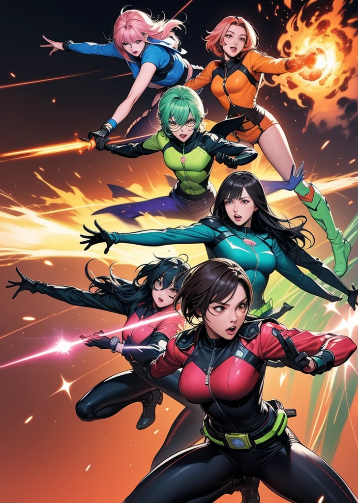 A brave and courageous image of a six-member ranger team, Each one is decorated in vibrant colors.、:: pink, Red is in front of center, violet, green, yellow, Blue Black, white,. Metallic shiny bodysuit, Dynamic poses with backgrounds that exude energy and courage, neon, fire, plasma, fluorescence, shocking, Bomber, Fighting Pose, Action pose, Embodying the essence of the classic Sentai superhero team. Each Ranger:: The clothes are sophisticated and modern, Each color has elements that reflect its theme., Ready for action. ((Camel Toe)), energy light in hands, With the sunset in the background , Cinema Lighting, Cover art mixed movie poster style,