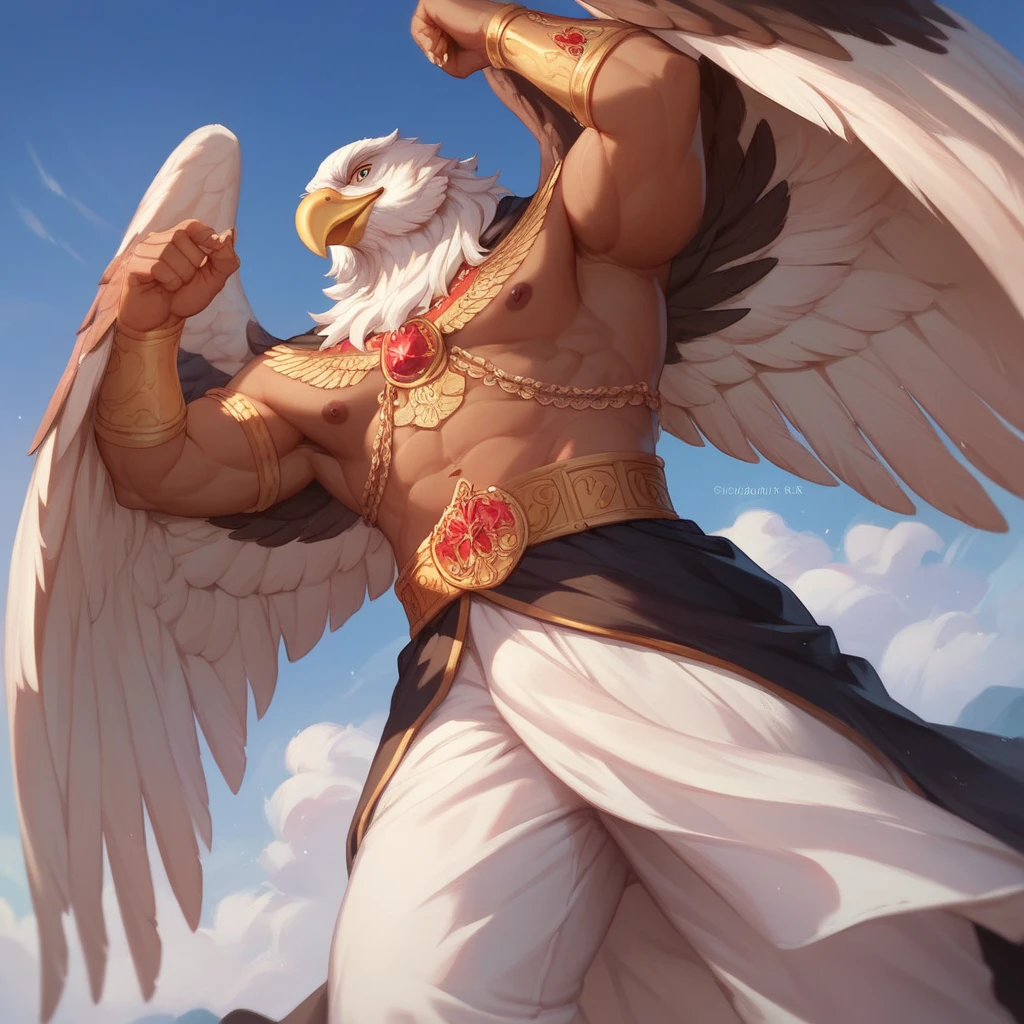 Eagle Man, a majestic figure clad in feathered armor, stands triumphantly with outstretched wings. His piercing golden eyes reflect the intensity of his determination. In one hand, he clutches a gleaming metallic spear with an eagle's head as its tip. His wings provide a stark contrast to the snowy landscape, as he faces off against a cunning White Wolf.

White Wolf, a symbol of stealth and guile, crouches low to the ground. His fur is pristine and snow-white, almost blending in with the surroundings. A pair of piercing icy blue eyes survey Eagle Man with a curious intensity. The wolf bares his