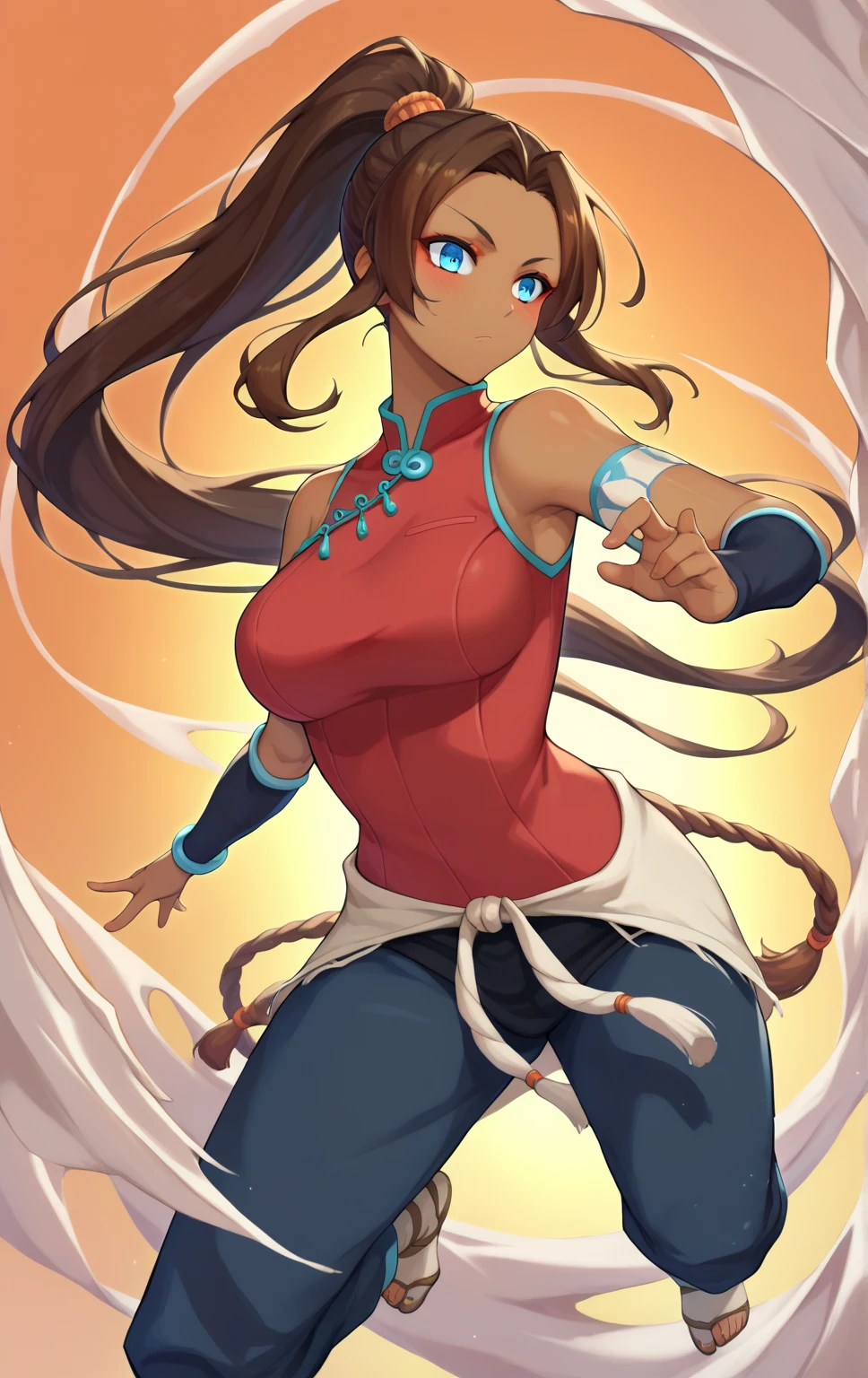 3062197697 Kanae Hyiori, a beautiful woman from the Water Tribe, has red eyes, long brown hair, her dark skin, she has a toned and strong body, in front of a lush igloo, wearing a standard Water Tribe coat, with a close-up capturing the harmonious beauty between her natural breasts, showcasing her mastery of Waterbending.