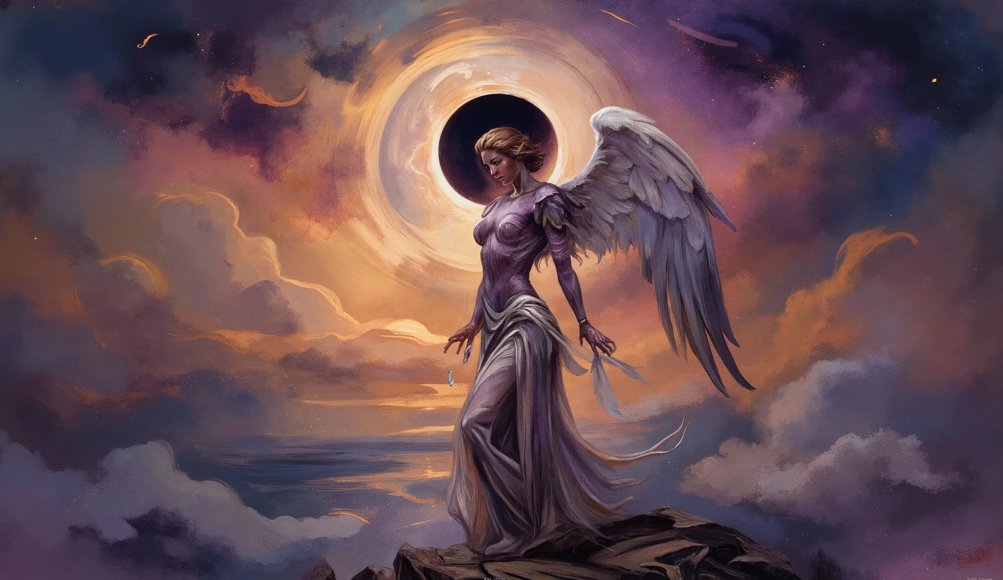 A watercolor painting of a total eclipse with an angel's shadow covering the moon, inspired by the delicate strokes of J.M.W. Turner, soft pastels and moody purples, the angel’s body forms the shadow, no visible facial expression, soft natural light with ethereal glowing edges, calm yet intense atmosphere --v 5 --stylize 1000