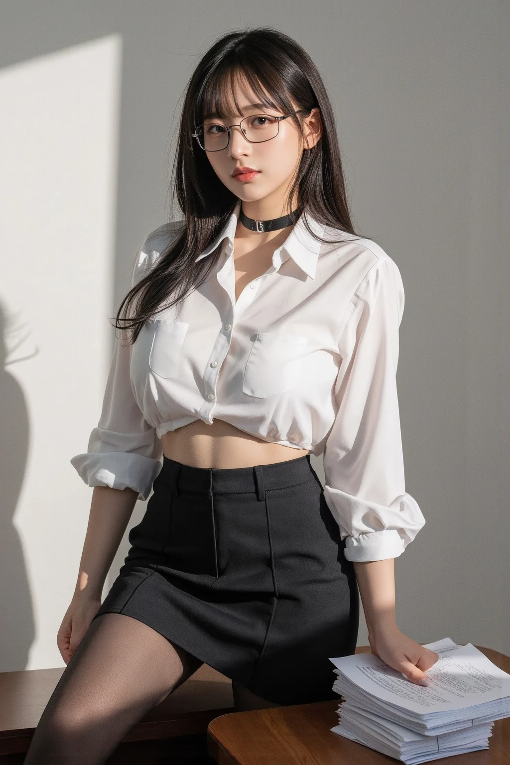 best quality, masterpiece, (Reality:1.4), 1 Girl, A faint smile, Collared shirt, Above the waist, Dramatic Lighting, From below
