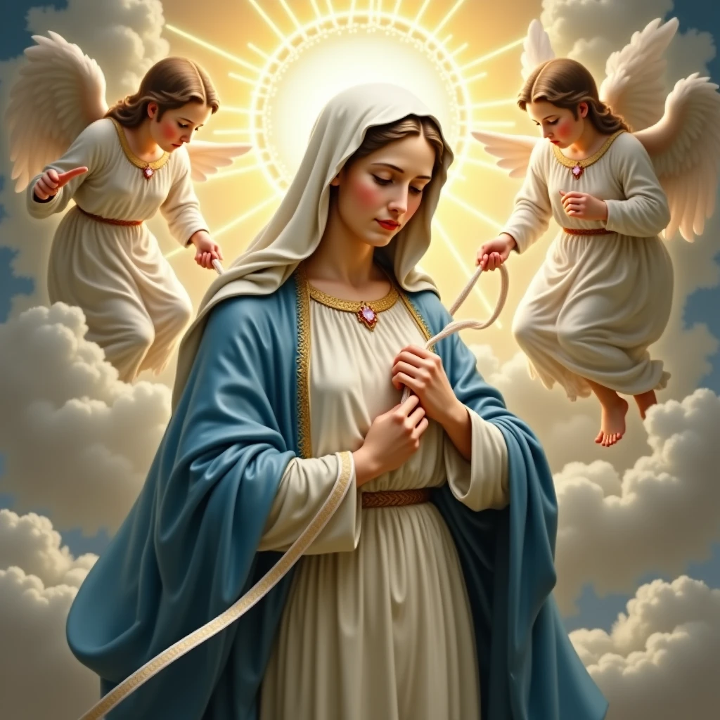 Create three more high-definition images of Our Lady Undoer of Knots, presenting it in a traditional artistic style. Mary must be represented with a serene and maternal expression, with a deep blue cloak and a white tunic. Your eyes should convey compassion and wisdom. The image should include subtle details, like a white and gold sash or ribbon, that she is holding or that is being undone by her hands, symbolizing the action of untying the knots. The cloth of Mary&#39;s garment should have a soft shine, reflecting heavenly light. Ao fundo, a halo of soft, golden light should emanate, creating an aura of holiness and peace around Mary. The background should be a soft gradient of blue and gold tones., evoking a sense of serenity and divinity, with two angels around him. Add subtle decorative elements, like small symbols of ropes or undone knots integrated into the background. Include refined details, like delicate textures in the garments and a serene expression on Mary&#39;s face. Make sure the image is of high quality and resolution., with special attention to detail and clarity."