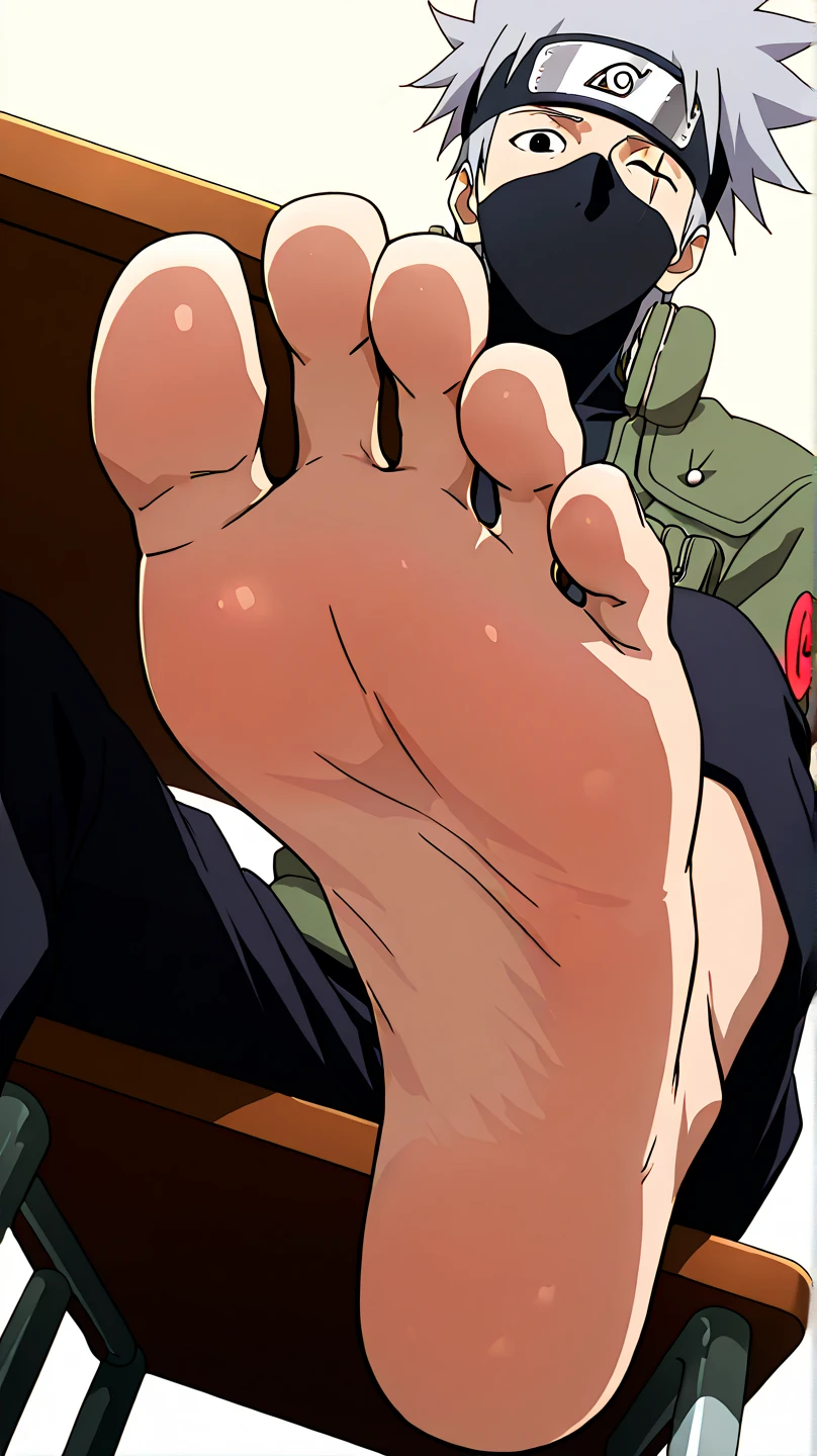 score_9, score_8_up,source_anime, adult version
1boy, alone, (score_9, score_8_up, score_7_up), 1boy, score_9, score_8_up, score_7_up, source_anime, highly detailed, 
1boy,    1boy, kakashi, grey hair, covered mouth, mouth mask,, scar across eye, forehead protector

indoor, japanese, looking at viewer, cowboy shot, anime screencap, anime coloring，barefoot，Perfect feet，Anatomically correct，soles，Focal length 35mm, Five toes，front，Symmetrical Soles，Foot Focus, in the study, sitting on the chair, legs put under a table to show his soles, below angle,
anime screencap, masterpiece, best quality, amazing quality, very aesthetic, official style,
1boy, solo, , barefoot, he is adult
 ,official style, barefoot, foot focus, looking at viewer, Alone, cowboy shot, anime coloring, Perfect feet，Anatomically correct，soles，Focal length 35mm, Five toes，front，Symmetrical Soles,
sitting with his feet prominently displayed under a table, He is barefoot, and the soles of his feet are the central focus of the image, appearing close-up.High Resolution, Best Quality, Accurate, no extra toes, both feet are displayed