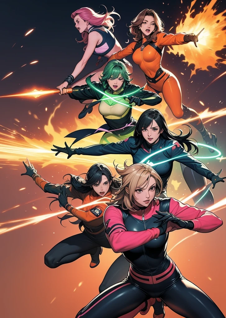 A brave and daring image of the six-woman Ranger team, Each is decorated with the following vibrant colors:: neon pink, Sky blue, Fire engine red, plasma violet, Fluorescent Green, shocking yellow. A dynamic pose with a background that oozes energy and courage.。, Embodying the essence of the classic Sentai superhero team. Each Ranger&#39;s outfit is sleek and modern, Each color has elements that reflect its theme., Ready for action. ((camel toe))