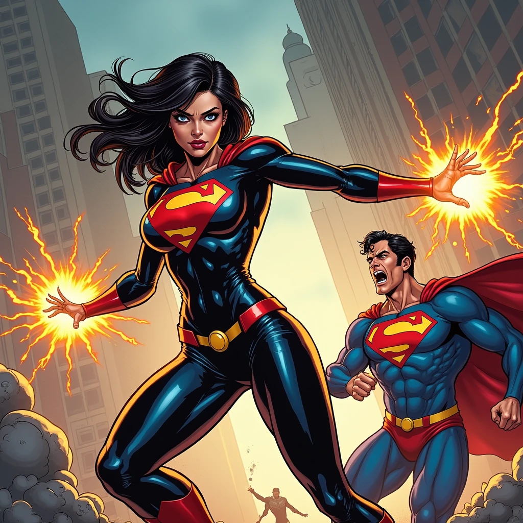 nijistyle, cowboy shot of beautiful lady in superman costume, short black hair, angry, glowing red eyes, laser eyes, cape, particles, clouds, sky 