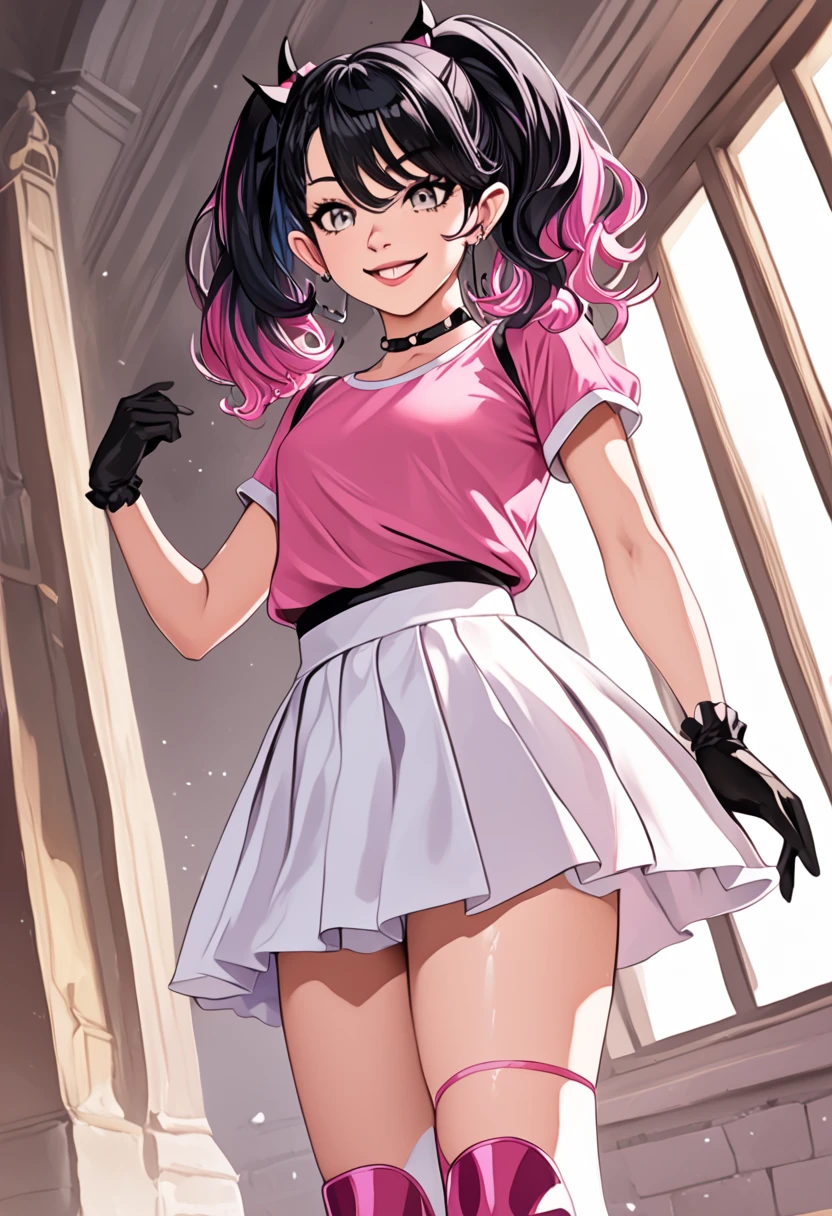 (8k、Best image quality、highest quality、masterpiece)、Detailed face、One Girl、Black Hair、((Twin tails))、Blunt bangs、short hair、Wavy Hair、Grey Eyes、Earrings、Wicked Smile、Grin、mask_Pull、Super big 、((Pink clothes))、Black mini skirt、jirai kei attire、Cowboy Shot、(night:1.8, Love hotels in Japan:1.8, Dark Room:1.8, Dark pink lighting:1.7, Teasing in bed)