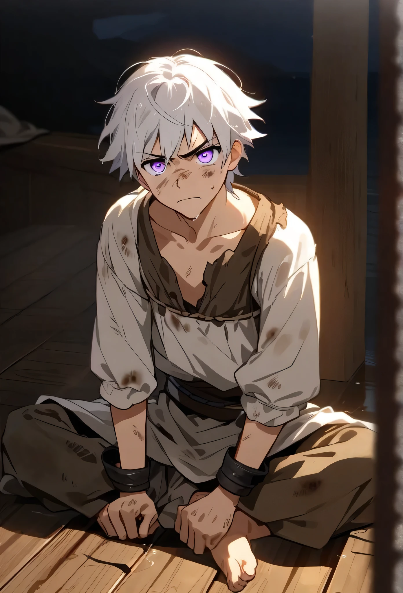 Greek boy with white hair, with violet eyes, wearing dirty and slightly torn country clothes, chained by his hands to a wooden post, on a rainy night with storm and lightning