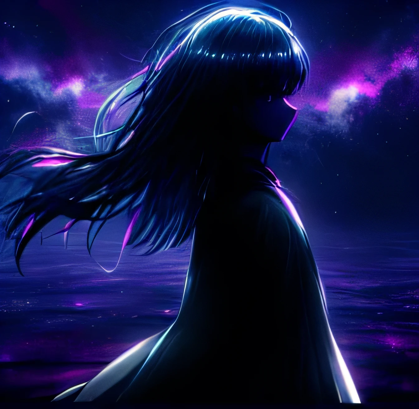 A beautiful silhouette of a girl with a beautiful background around her, standing without fear, panoramic view of a girl, (Eyes in the background)), viewer with perfect view :1,3), (zoom on the face :1,2), (focus on the face :1,3), behind her is an evil whirlwind filled with eyes, behind her is a silent and atmospheric background filled with particles, (vibrant color :1,4), (sharp focus :1,3 (dark theme :1,3)), long hair, black color variation, the girl blends into the background