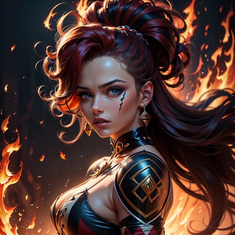 8k,Black light、Real Art、Slim and muscular macho manな女性、Super Beauty(Like the real thing)、Super strong muscles,Iris、Ultra high definition、One mature woman、Light brown mohawk、Mature Demon Slayer: Kimetsu no Yaiba: Kimetsu no Yaiba、anger,Sharp Eyes,非常にVery large breasts、Glowing Iris、Slim and muscular macho man、Lean and muscular lower body、Gorgeous Red Large Chest Chest Armor、Luxury black and red pants、Gorgeous red shoulder pads,Detailed light、Dynamic Angle、Depth of written boundary、(((((())))、Show me your fangs、(Super A)High resolution、Best image quality)、(8k、RAW Photos、Best image quality、masterpiece)、sense of technology、Best image quality、masterpiece、Awareness-raising、CG、Sense of unity、wallpaper、Official Art,Very delicate and beautiful、Attention to detail、Attention to detail、Clear focus、Rich background、(Real People、image)、((High resolutionの肌))、A large flame burning red from the body(Tone flame effect)(There are many big flames)Fantasy art、Shoulder muscles abdominal muscles、Arm Muscles,Ultra-Realistic Skin、Combat pose,Look at the viewers,Big Energy,Japanese,Dynamic action poses,Very large breasts,Super-sixed abs,