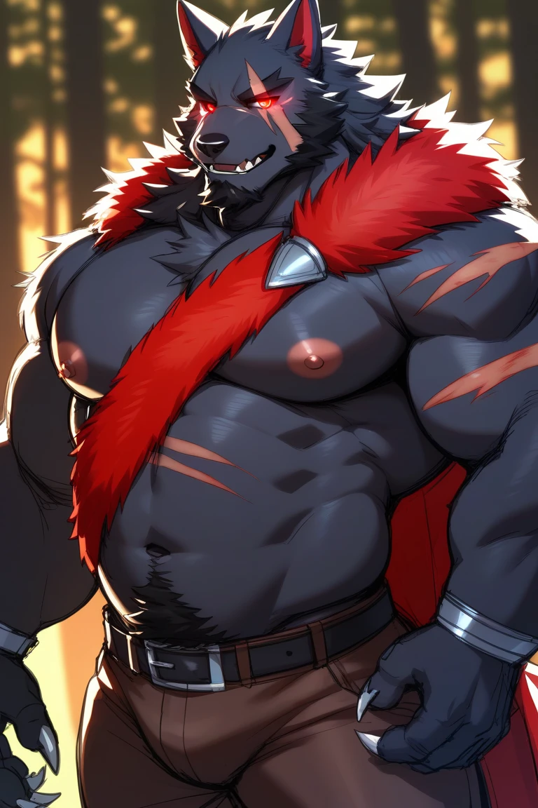 a cartoon cat with a huge chest and a big butt, hairy chest, muscular werewolf, fluffy chest, SFW version, thick furry fluff on the neck and chest, pov furry art, anthropomorphic male wolf, high resolution commission , furry brown body, furry wolf, anthro wolf, furry body, angry, high morals, sexy, werewolf