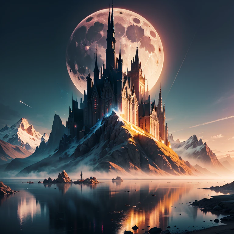 mountains and a lake with a moon in the sky, Highly detailed 4k digital art, Very detailed 4k hd wallpaper, Impressive fantastic landscape , science fiction and fantasy wallpaper , Papel de parede Unreal Engine 4k, Detailed digital art in 4k , science-fiction fantasy wallpaper, epic and dreamlike fantasy landscape , 4K HD Matte Digital Painting, 8k stunning artwork