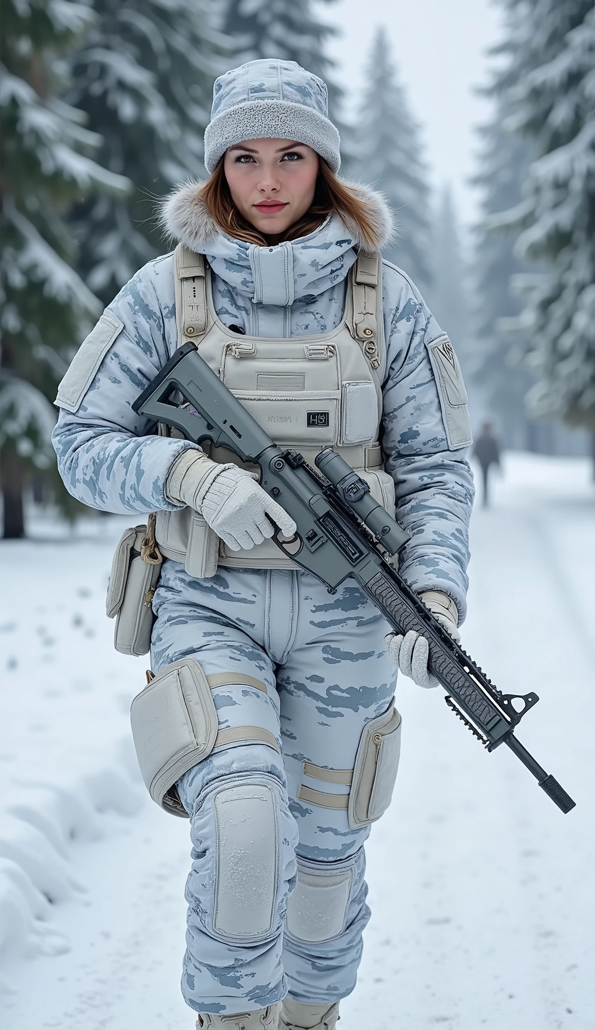 A beautiful and elegant young woman, serving as a distinguished officer in the army, strides forward with grace and determination through the frozen battlefield of a snow-covered pine forest. Her sharp, focused eyes scan the surroundings, displaying tactical awareness and resilience, embodying both strength and sophistication in the heart of combat. Her striking facial features, partially framed by the cold air, reflect steely determination and unwavering resolve as she leads her unit through the harsh winter landscape.
Her dark brown hair is neatly tied back, ensuring maximum visibility and efficiency in combat. Beneath a military winter cap, designed for cold-weather operations, a few loose strands escape, subtly framing her face. The thick, insulated fabric of the cap protects her from the biting cold, while a fur-lined edge provides additional warmth. Her white military camouflage uniform, blending seamlessly with the snowy environment, features a mix of white, gray, and arctic blue patterns for maximum concealment in the frost-covered battlefield. The outfit is practical yet form-fitting, equipped with insulated armor plates, tactical pouches, and reinforced materials to withstand the harsh winter conditions. Frost clings to her gear and gloves, emphasizing the brutal cold of the battlefield.
She grips a high-tech military rifle, customized for winter warfare, complete with a thermal scope, suppressor, and an ergonomic grip for precision shooting in freezing temperatures. Her gloved fingers remain steady, showcasing her combat expertise and unwavering focus. Each calculated step leaves a crisp imprint in the deep snow, her movement exuding discipline and confidence as she advances through the hostile winter terrain.
The background features a breathtaking yet treacherous snow-covered pine forest, with towering evergreens blanketed in frost.