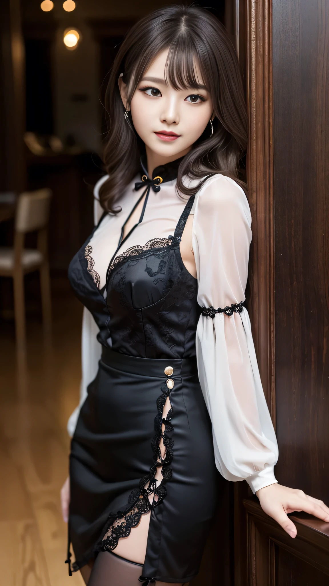ltra-detailed、Japanese、attractive beauty、seductive adult woman、Dainty woman、piercing eyes、cool girl、wavy hair、suit、black chiffon、lacy fabric、wide sleeves、wearing lace insert dress、white blouse、flare skirt、flower pantyhose、Glossy legs、Evil cadres、evil depravity、brainwash、mind control、lipstick、smirk、wicked look、evil、empty eyes、wicked、1girl in dark factory、Are standing