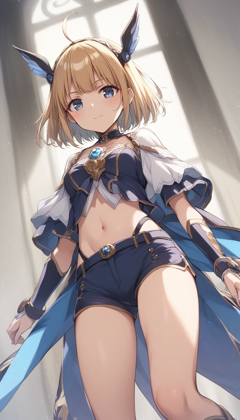 (masutepiece, Best Quality), 1girl, solo, weapon, breasts, blonde-hair, navel, sword, hand-on-hip, thighhighs, full-body, blue-eyes, short-hair, skirt, holding-weapon, smile, black-thighhighs, cleavage, holding, looking-at-viewer, large-breasts, holding-sword, hairband, white-footwear, boots, midriff, bare-shoulders, standing, ass-visible-through-thighs, blue, skirt, detached-sleeves, pleated-skirt, knee-boots, hair-ornament, detached-collar, blush, miniskirt, bangs, shiny-skin, highleg, gem, swimsuit, simple-background, shiny, bikini, closed-mouth, armor, crop-top, stomach