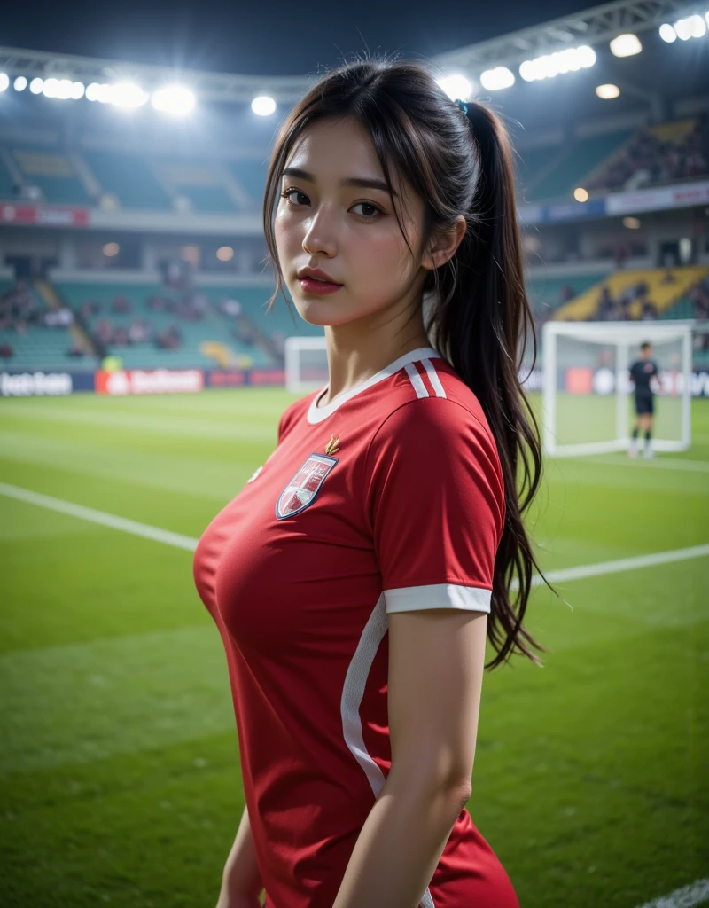 Beautyfull asian girl ever wearing tight Manchester united home jersey ((2023 2024 season)) big boobs,cleavage, random posing,empty stadium at background, highly detailed,high resolution,